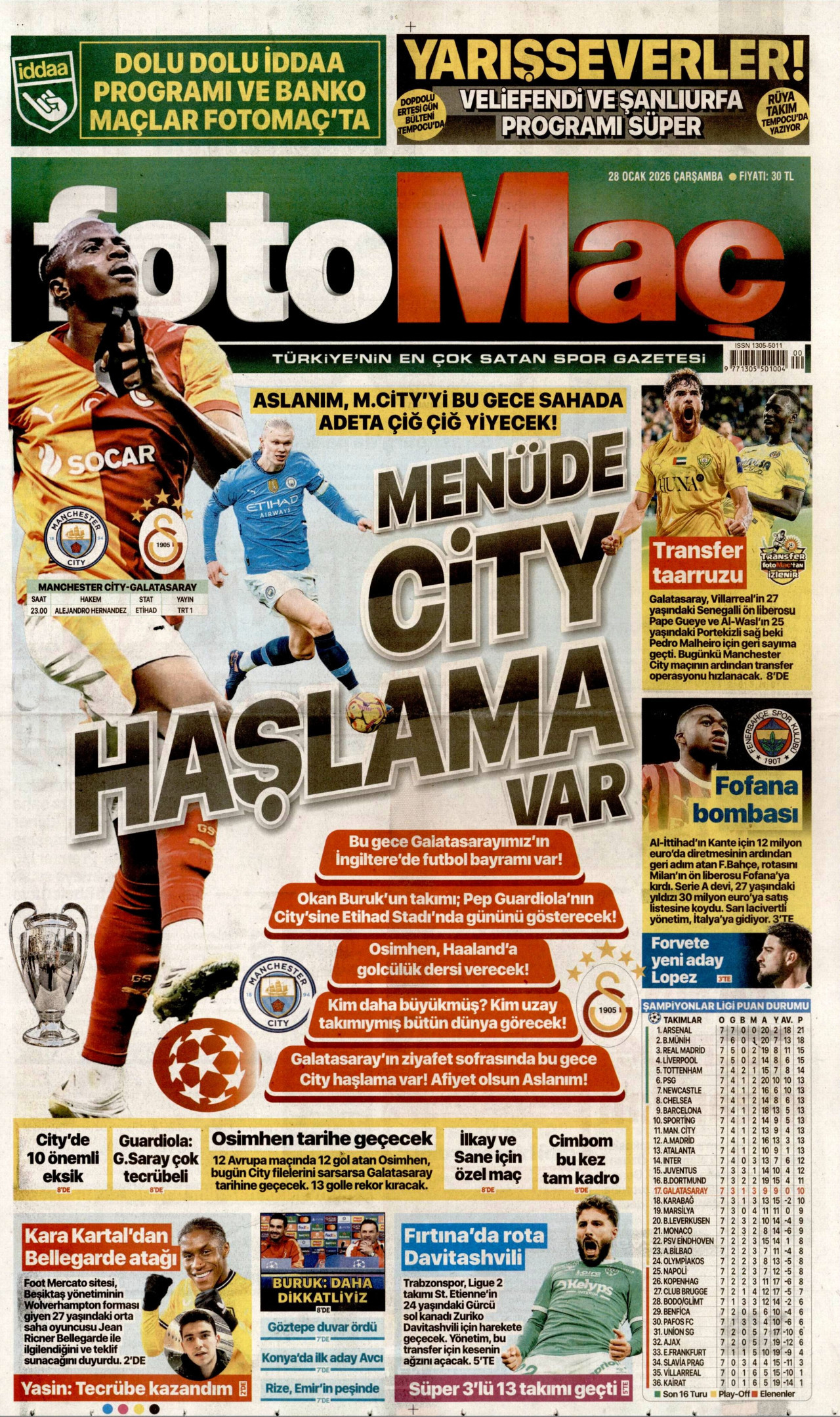 FOTOMAÇ gazetesinin 28 Ocak 2026 tarihli birinci sayfası
