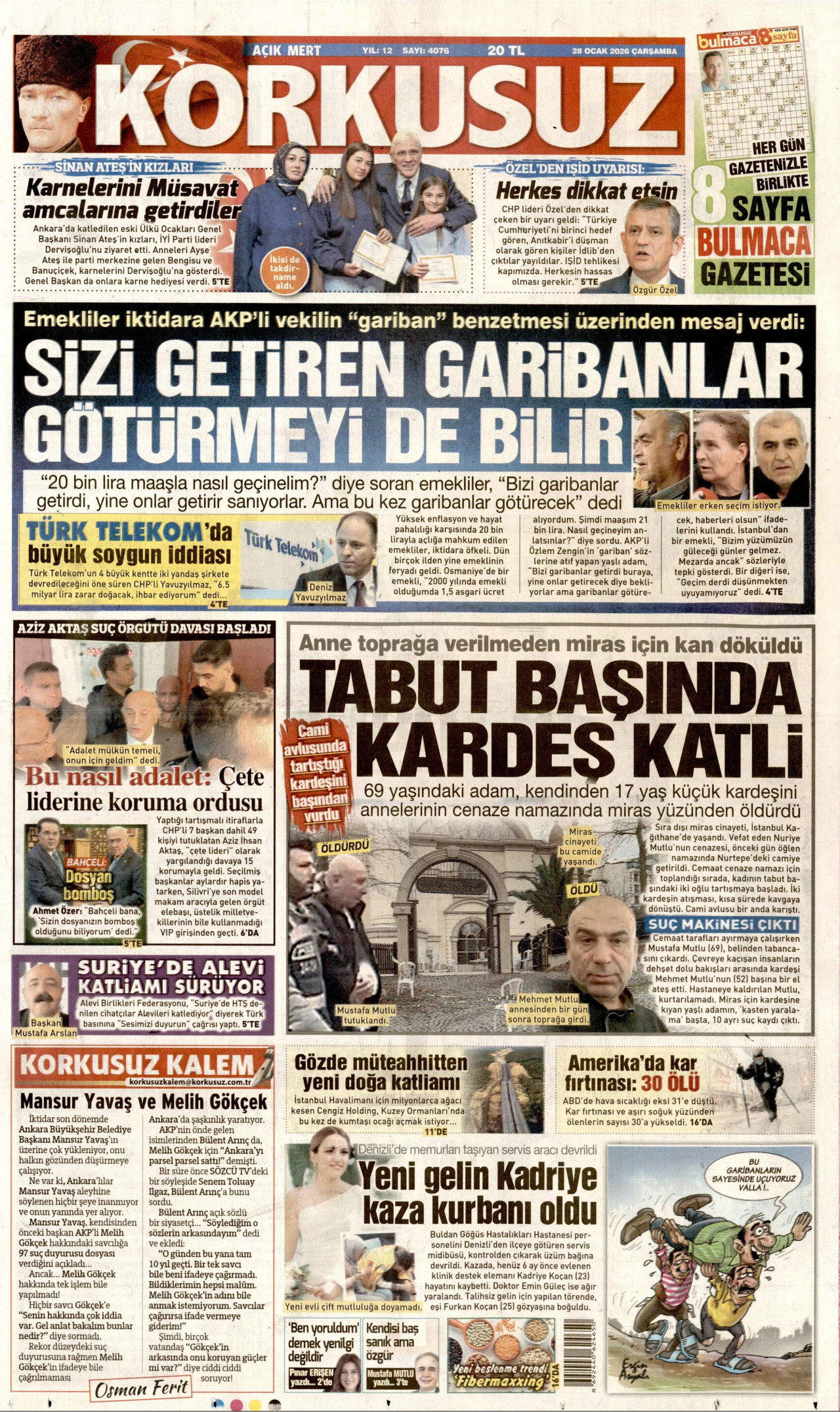 KORKUSUZ gazetesinin 28 Ocak 2026 tarihli birinci sayfası