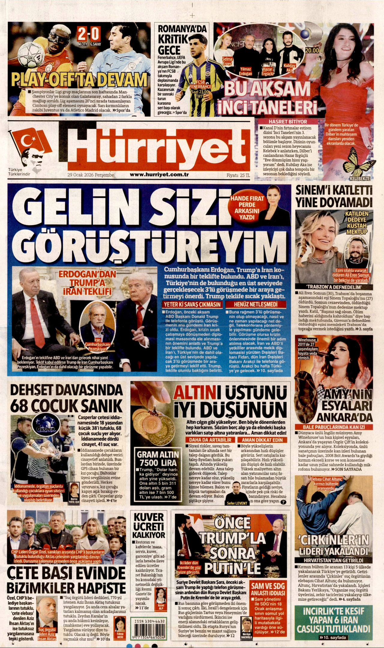 HÜRRİYET gazetesinin 29 Ocak 2026 tarihli birinci sayfası