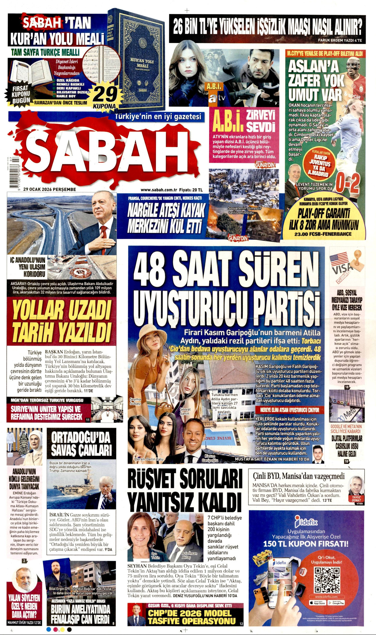 SABAH gazetesinin 29 Ocak 2026 tarihli birinci sayfası