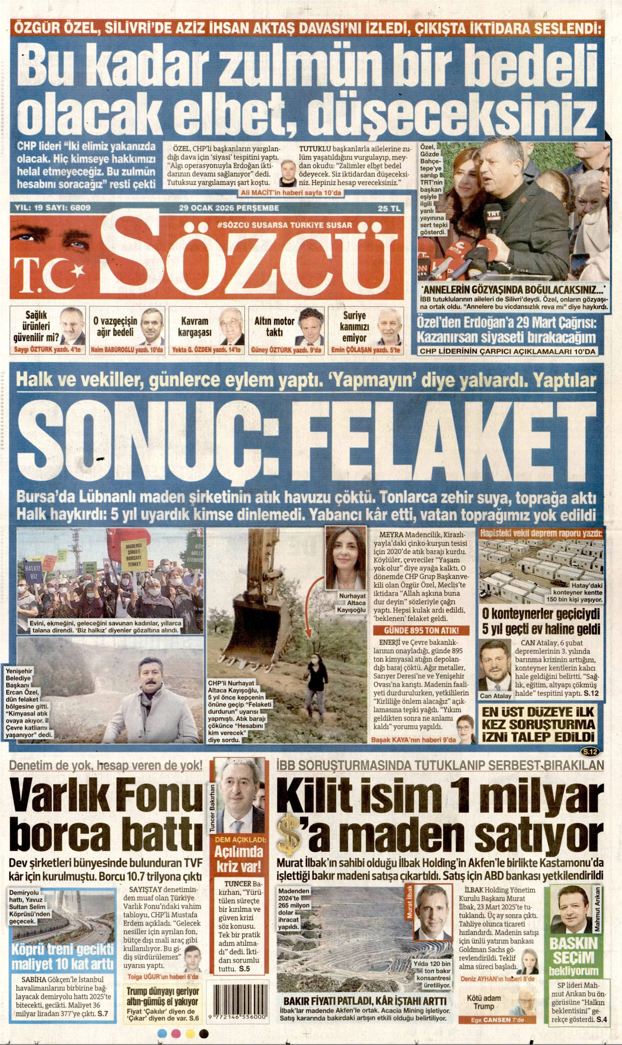 SÖZCÜ gazetesinin 29 Ocak 2026 tarihli birinci sayfası