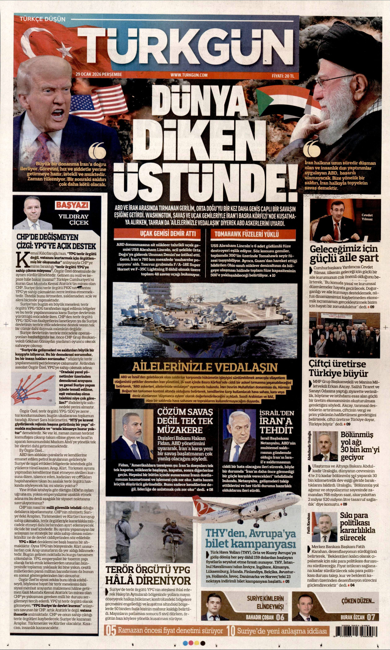TÜRKGÜN gazetesinin 29 Ocak 2026 tarihli birinci sayfası