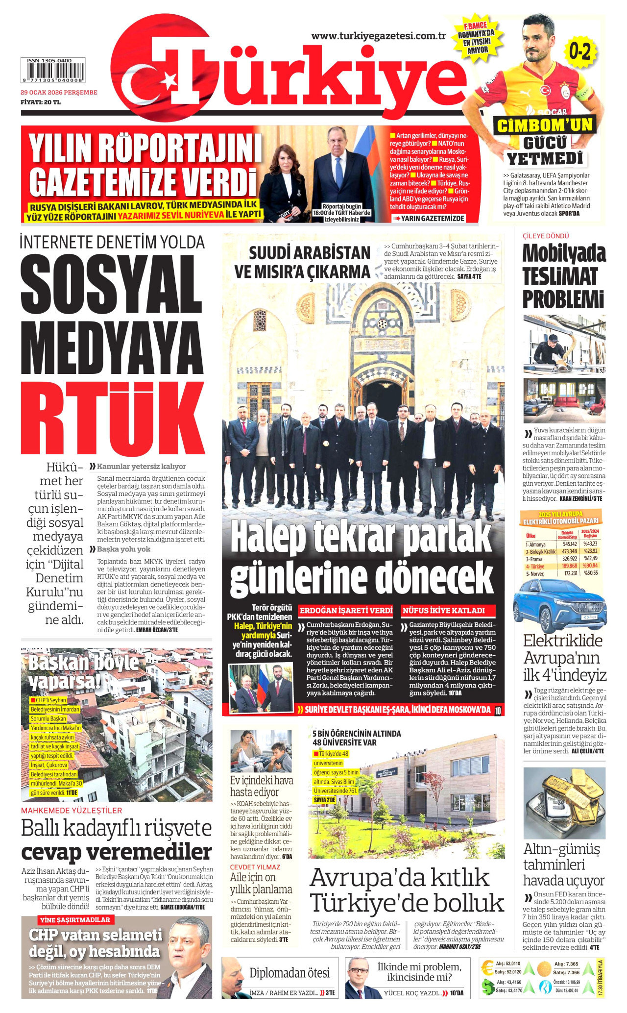 TÜRKİYE GAZETESİ gazetesinin 29 Ocak 2026 tarihli birinci sayfası