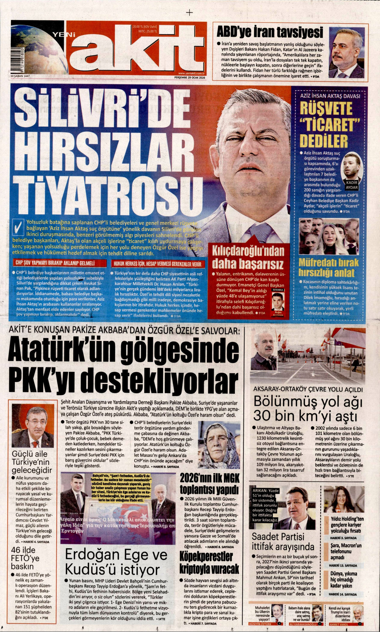 YENİ AKİT gazetesinin 29 Ocak 2026 tarihli birinci sayfası