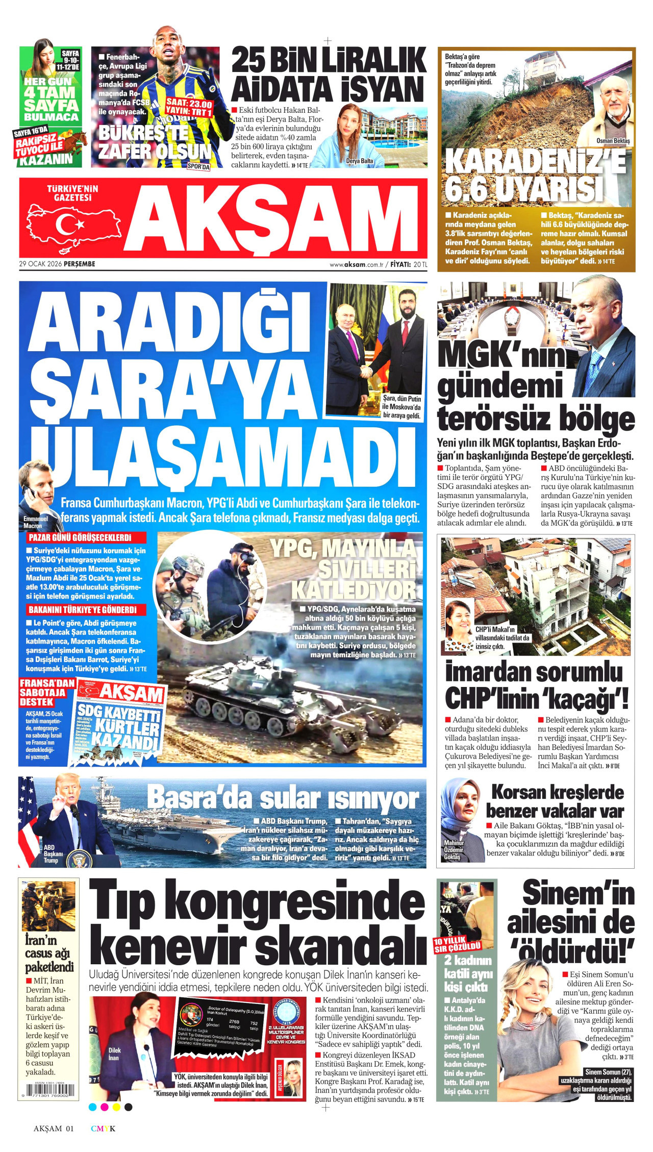 AKŞAM gazetesinin 29 Ocak 2026 tarihli birinci sayfası