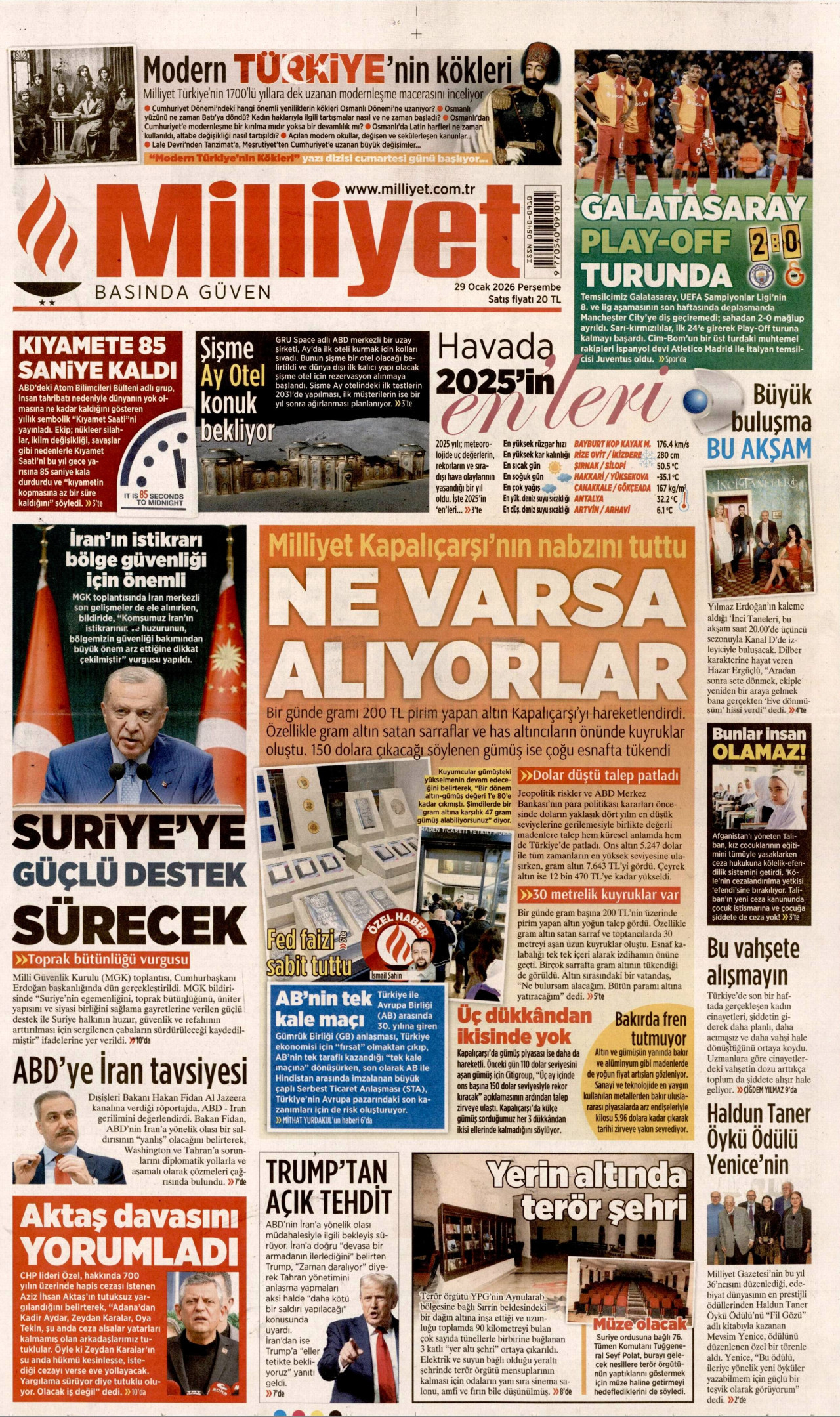 MİLLİYET gazetesinin 29 Ocak 2026 tarihli birinci sayfası