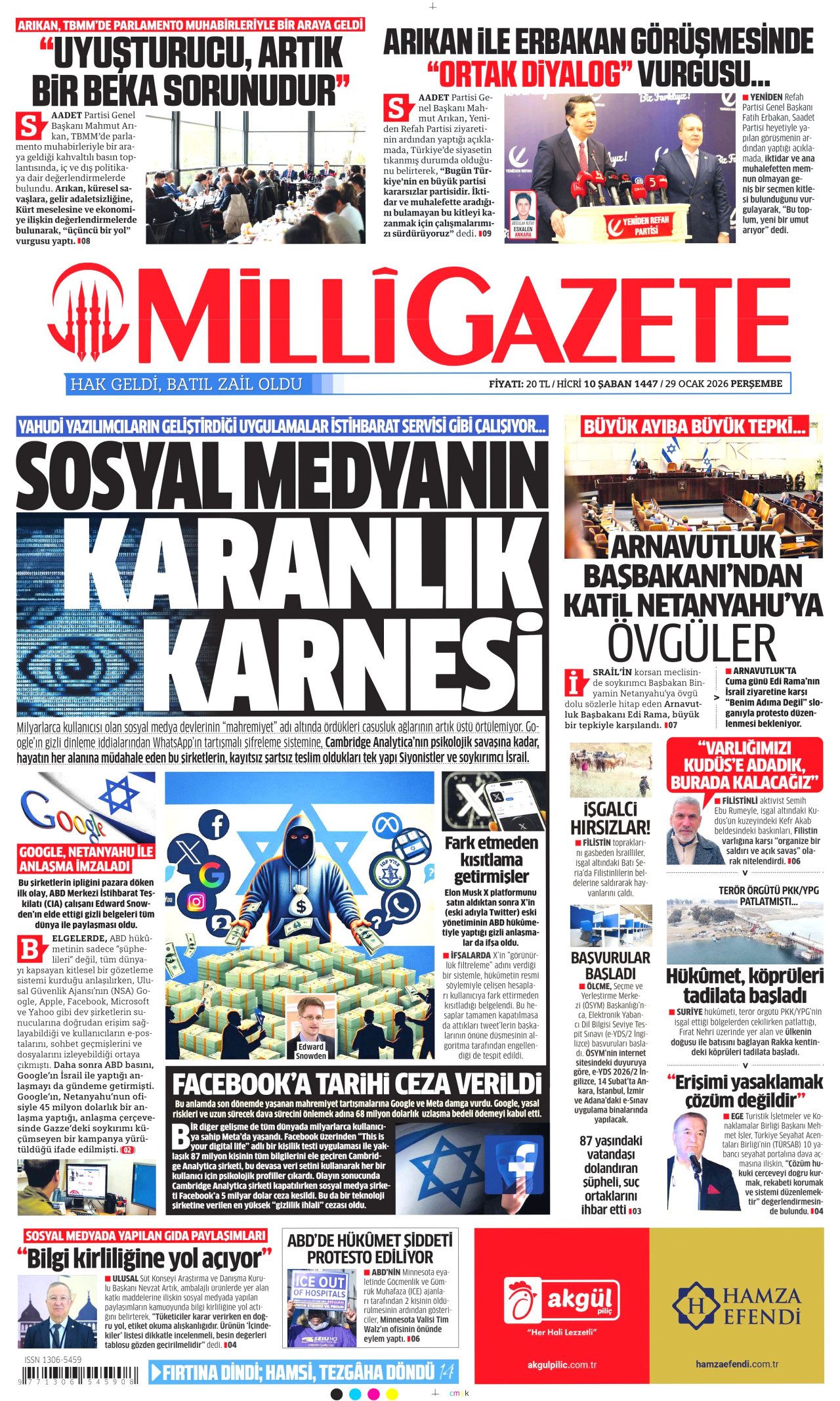 MİLLİ GAZETE gazetesinin 29 Ocak 2026 tarihli birinci sayfası