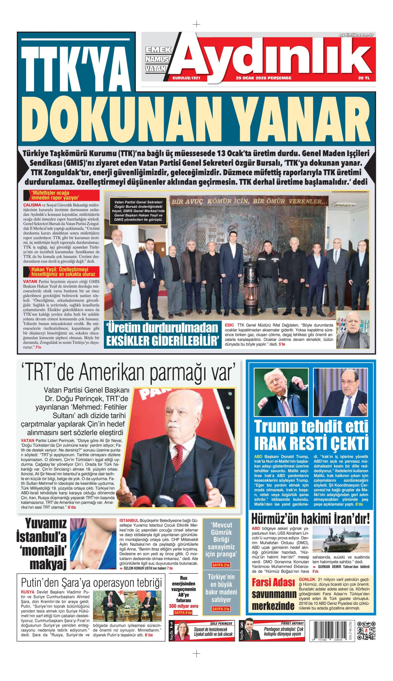 AYDINLIK GAZETESİ gazetesinin 29 Ocak 2026 tarihli birinci sayfası