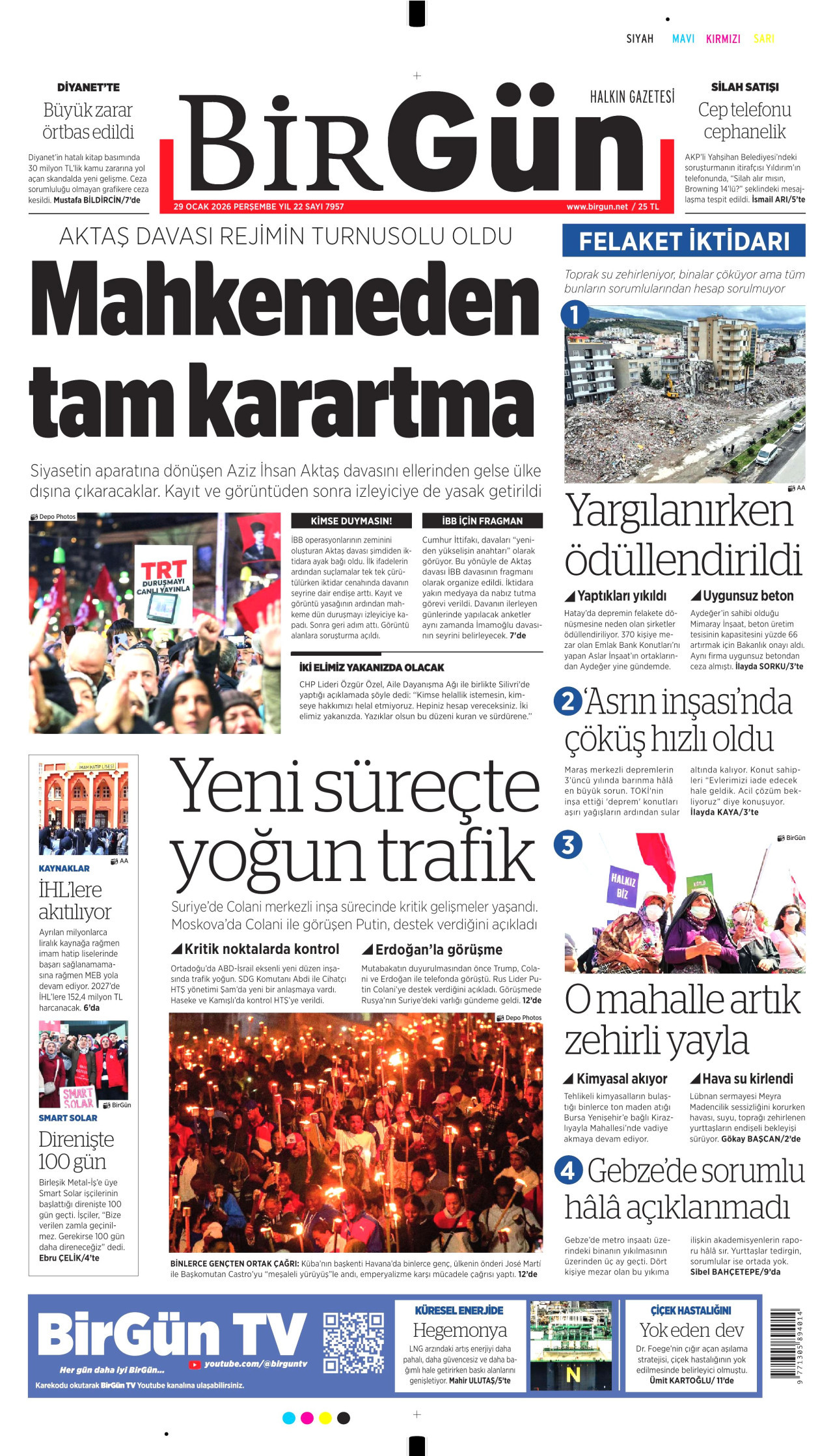 BİRGÜN gazetesinin 29 Ocak 2026 tarihli birinci sayfası