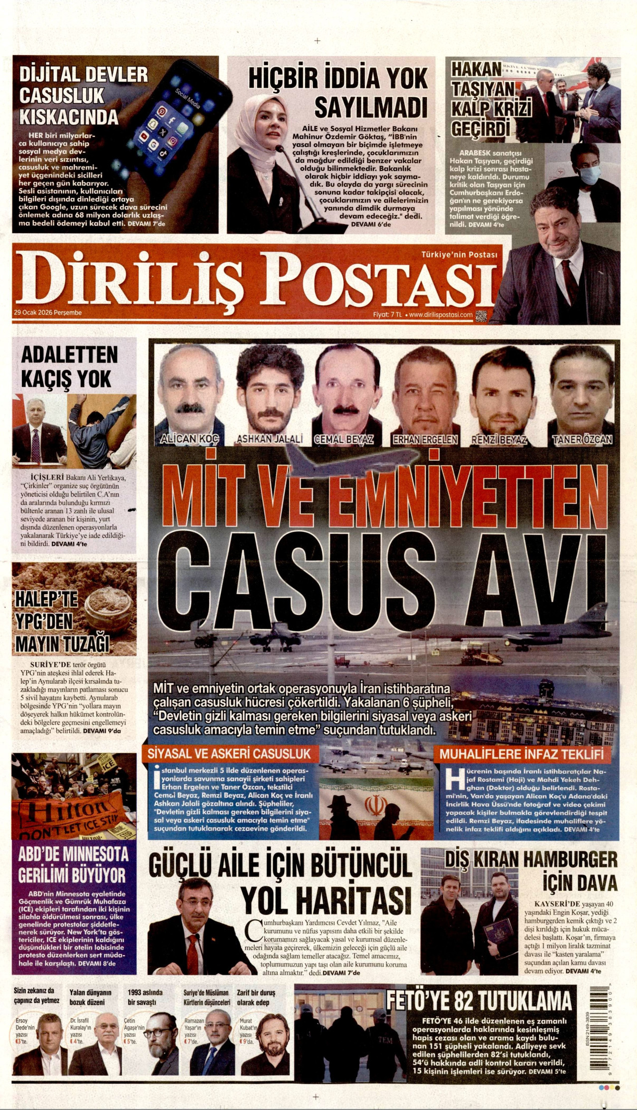 DİRİLİŞ POSTASI gazetesinin 29 Ocak 2026 tarihli birinci sayfası