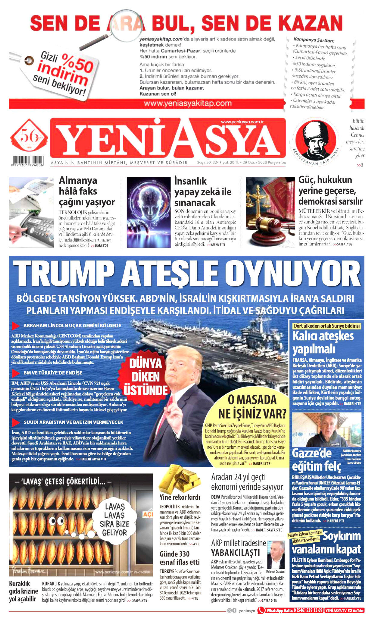 YENİ ASYA gazetesinin 29 Ocak 2026 tarihli birinci sayfası