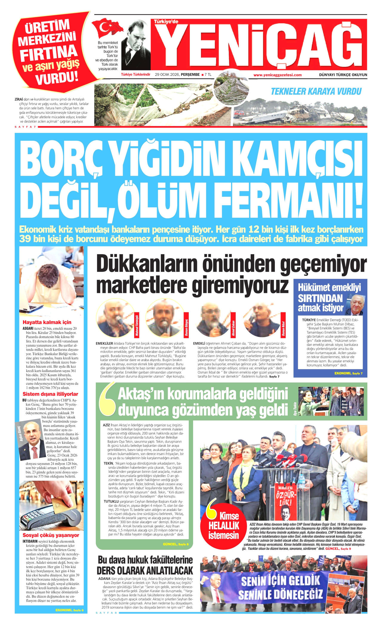 YENİÇAĞ gazetesinin 29 Ocak 2026 tarihli birinci sayfası