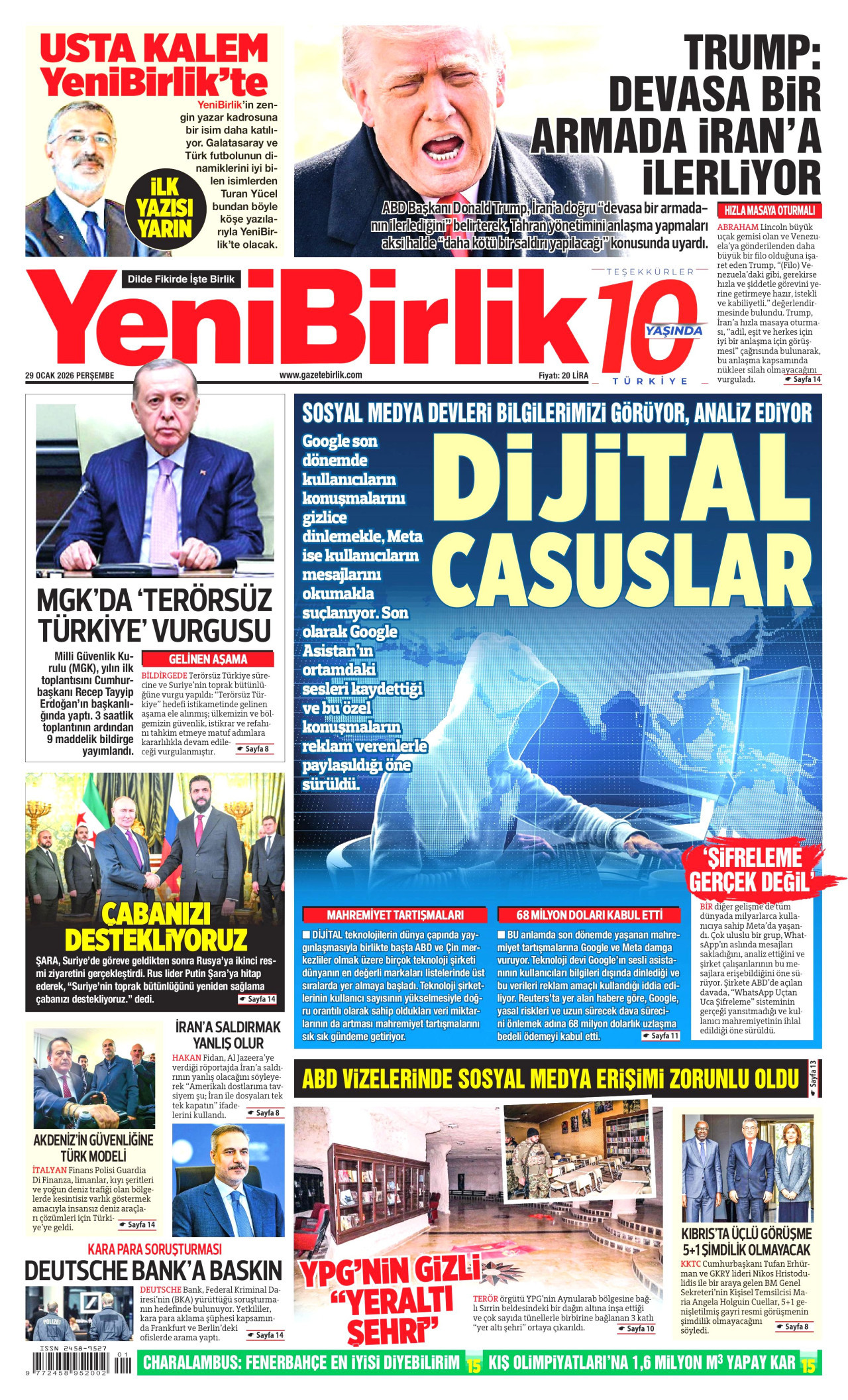 YENİBİRLİK gazetesinin 29 Ocak 2026 tarihli birinci sayfası
