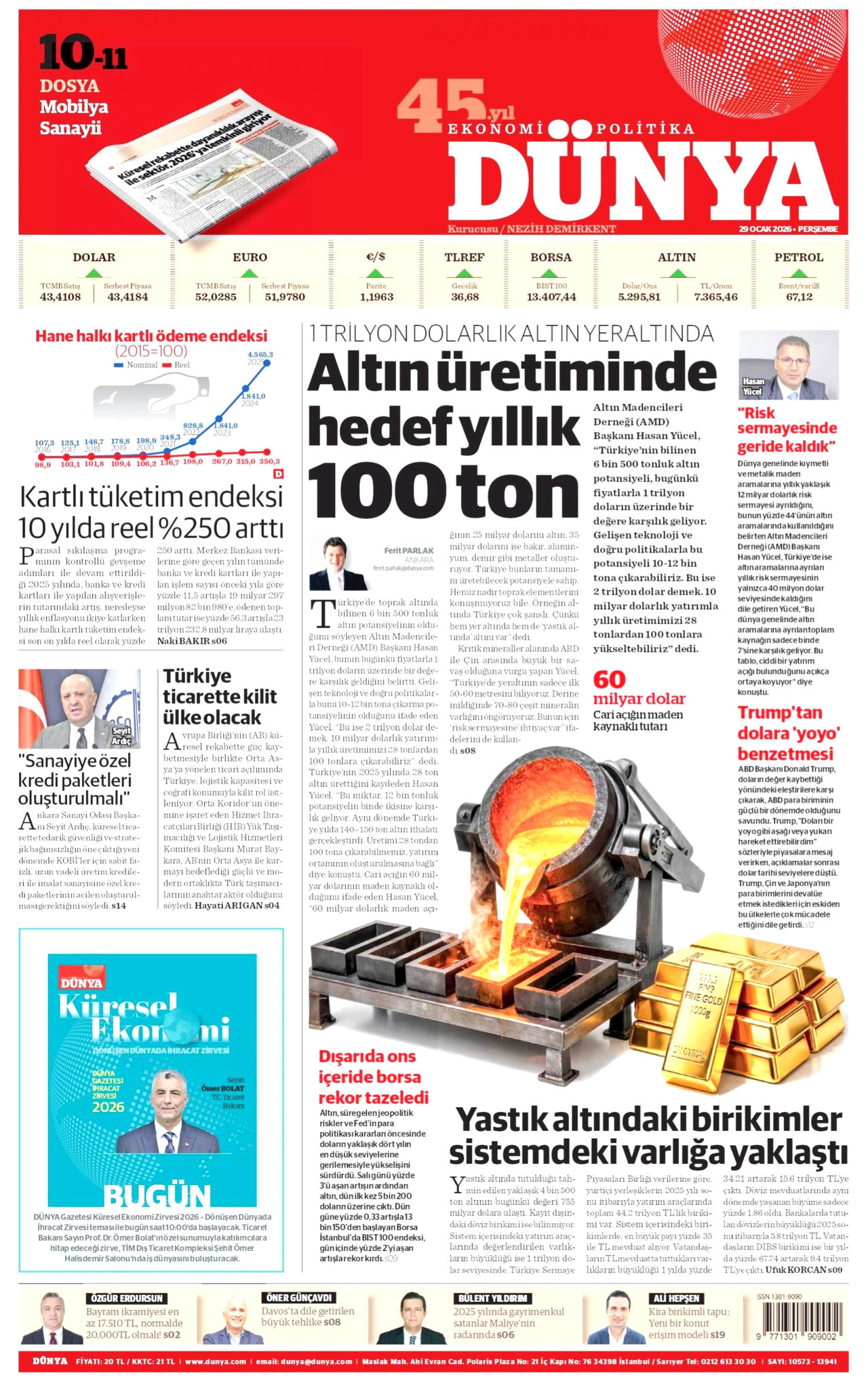 DÜNYA gazetesinin 29 Ocak 2026 tarihli birinci sayfası