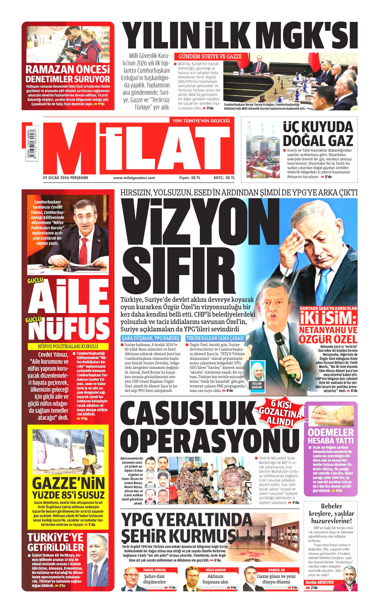 MİLAT gazetesinin 29 Ocak 2026 tarihli birinci sayfası
