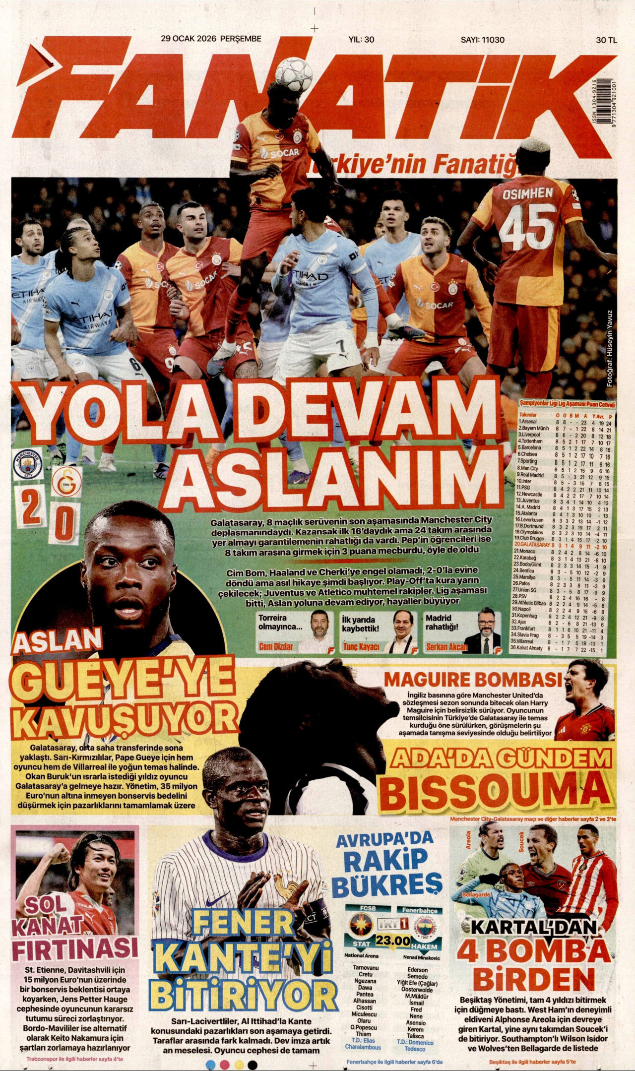 FANATİK gazetesinin 29 Ocak 2026 tarihli birinci sayfası