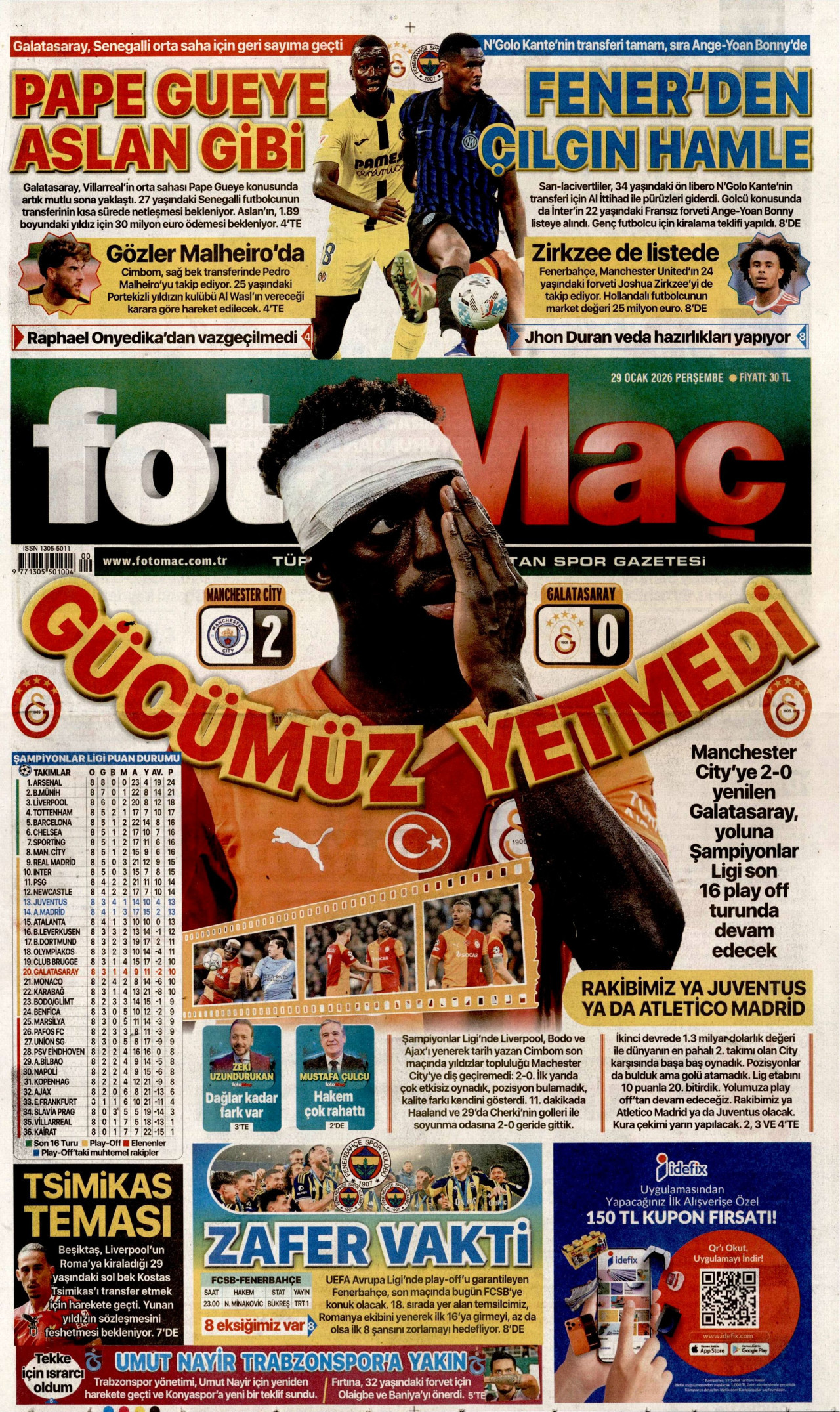 FOTOMAÇ gazetesinin 29 Ocak 2026 tarihli birinci sayfası