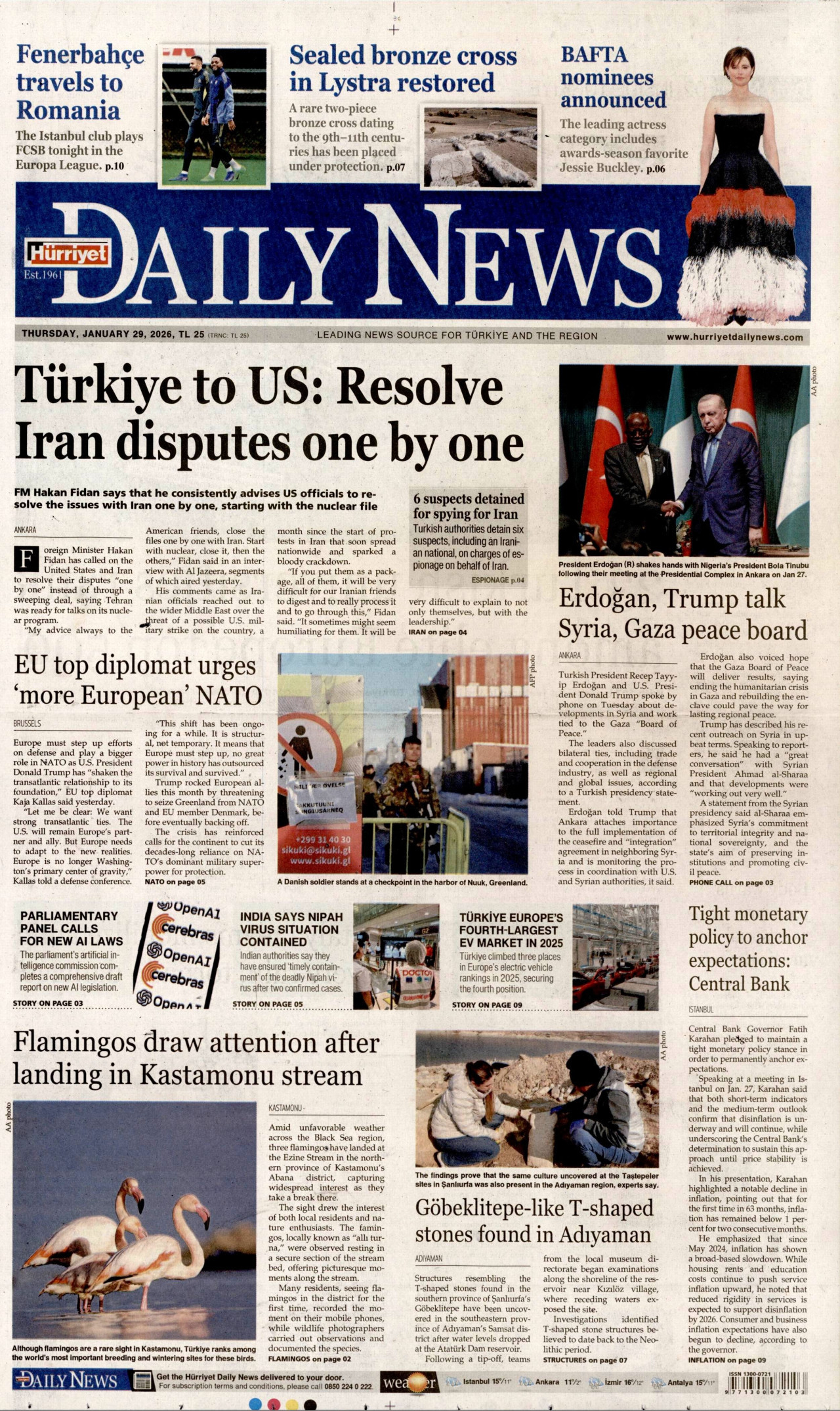 HÜRRİYET DAİLY NEWS gazetesinin 29 Ocak 2026 tarihli birinci sayfası