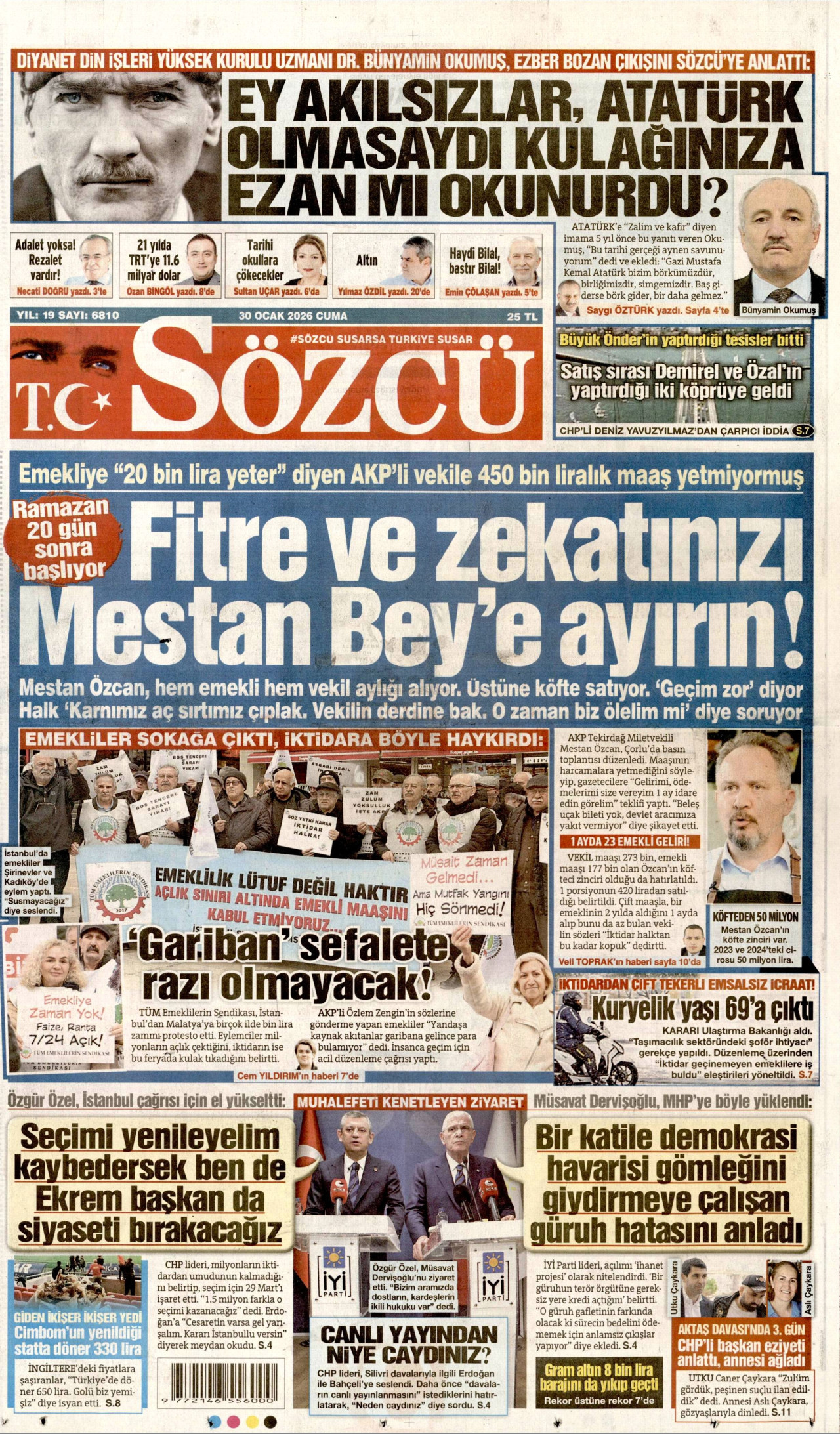 SÖZCÜ gazetesinin 30 Ocak 2026 tarihli birinci sayfası