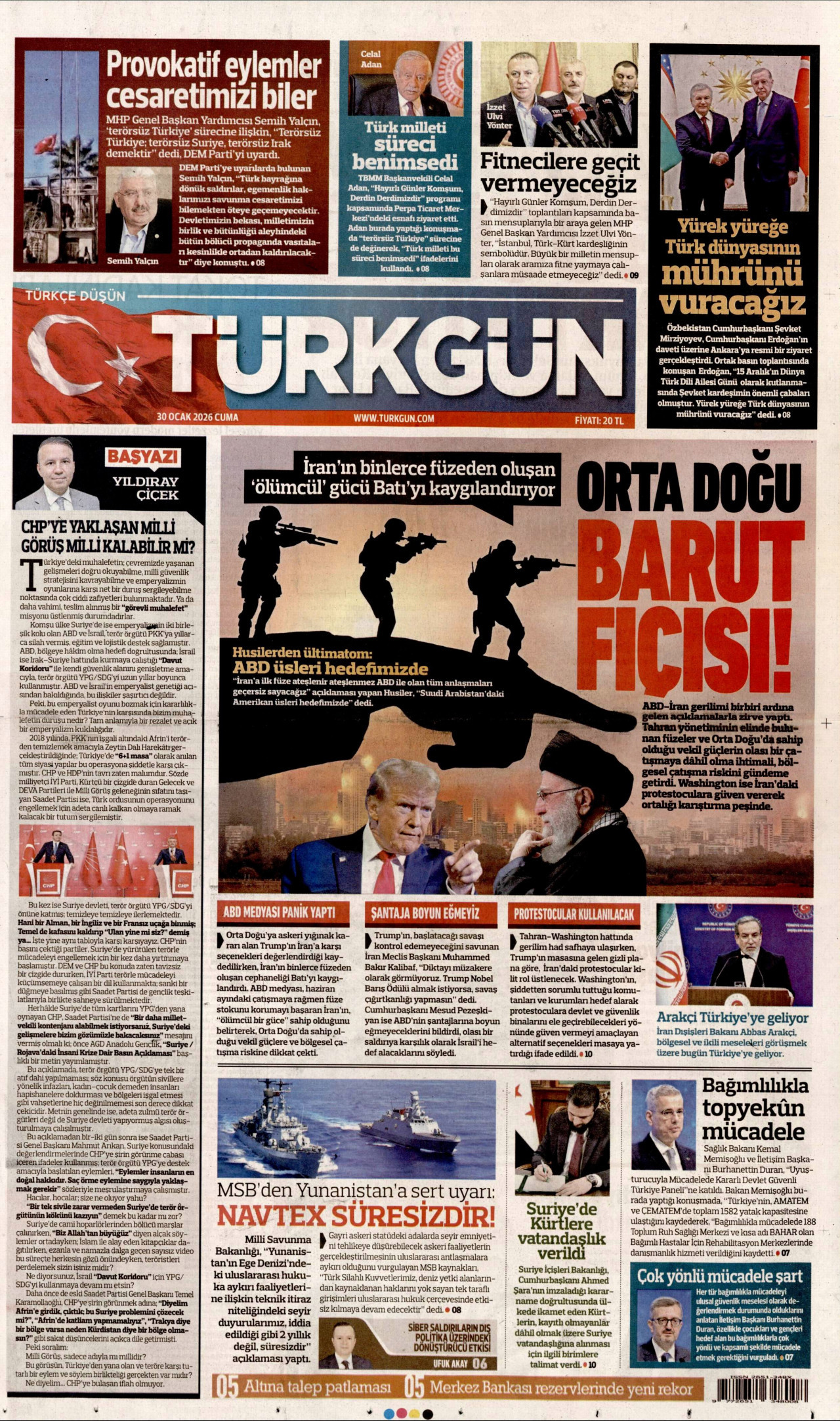 TÜRKGÜN gazetesinin 30 Ocak 2026 tarihli birinci sayfası