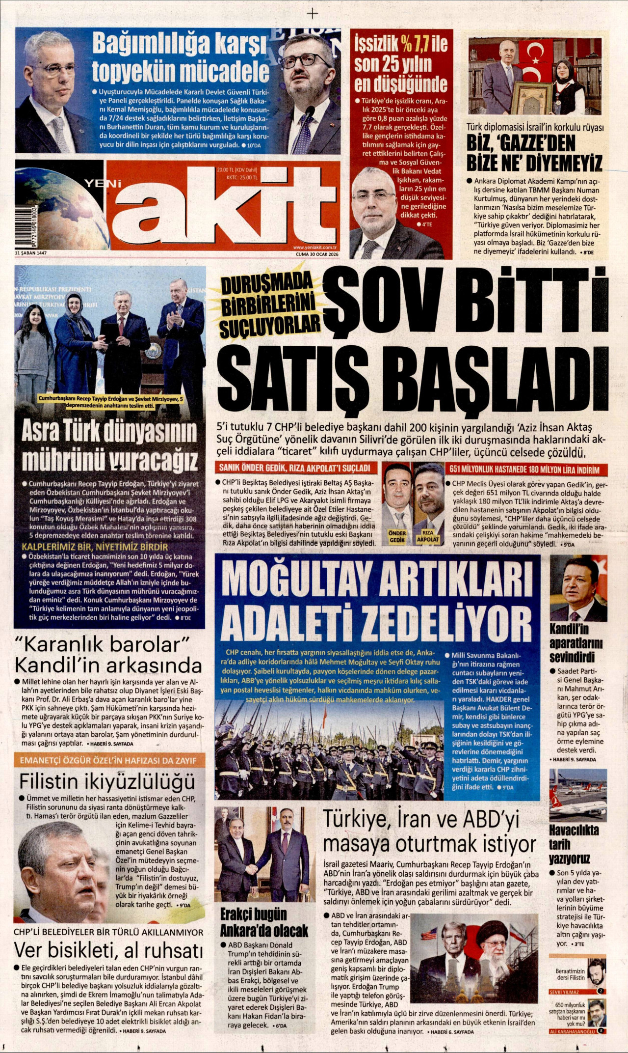 YENİ AKİT gazetesinin 30 Ocak 2026 tarihli birinci sayfası