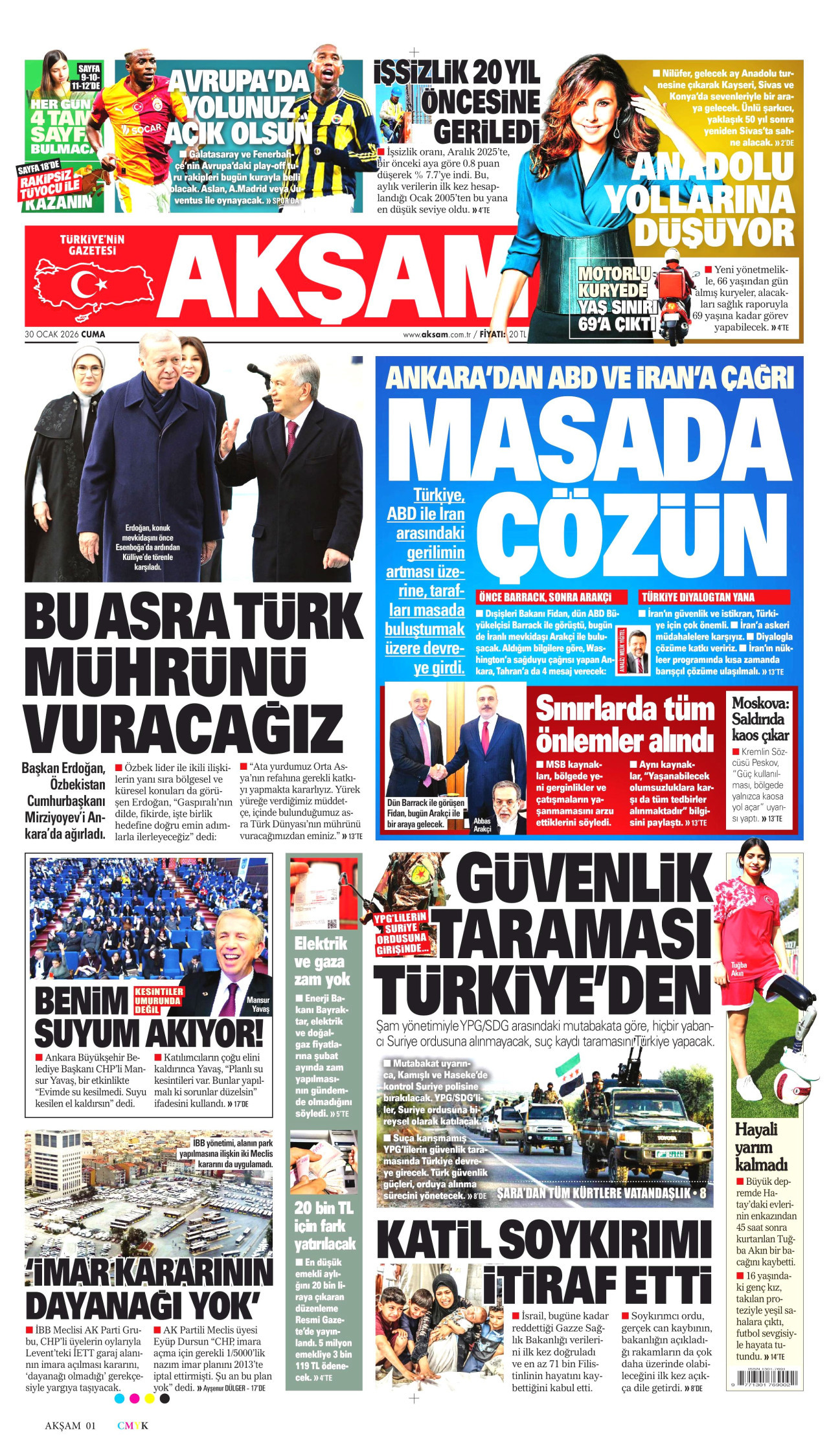 AKŞAM gazetesinin 30 Ocak 2026 tarihli birinci sayfası