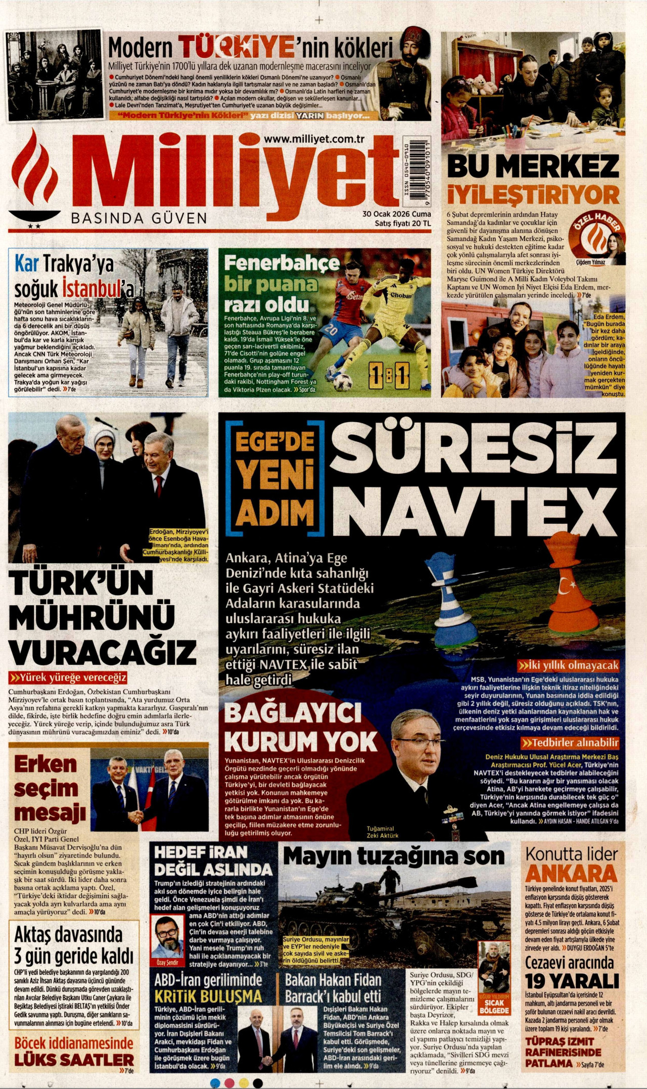 MİLLİYET gazetesinin 30 Ocak 2026 tarihli birinci sayfası