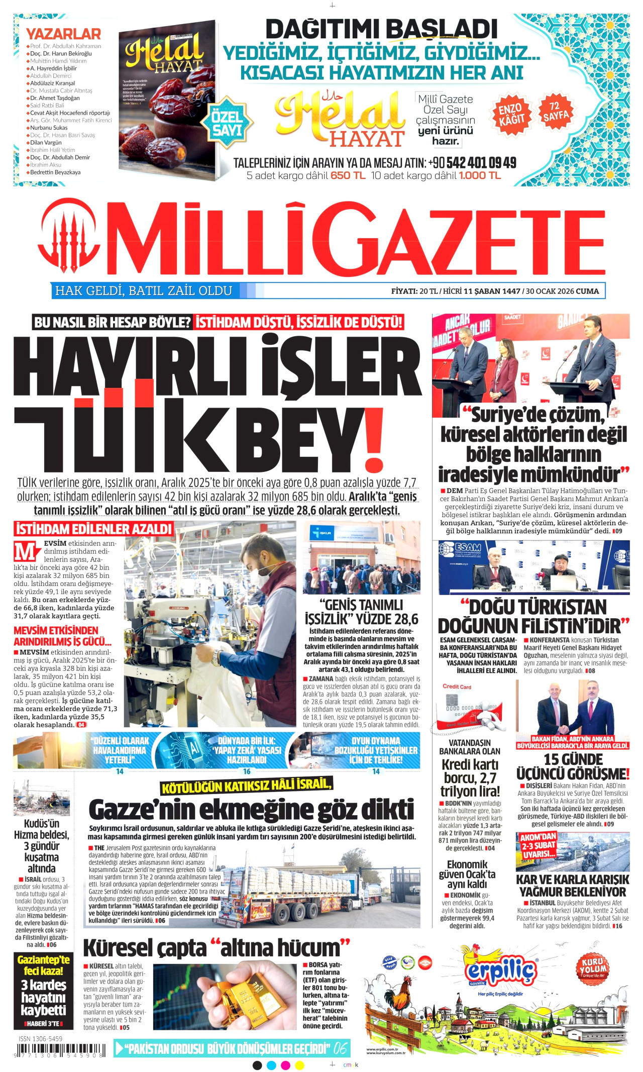 MİLLİ GAZETE gazetesinin 30 Ocak 2026 tarihli birinci sayfası