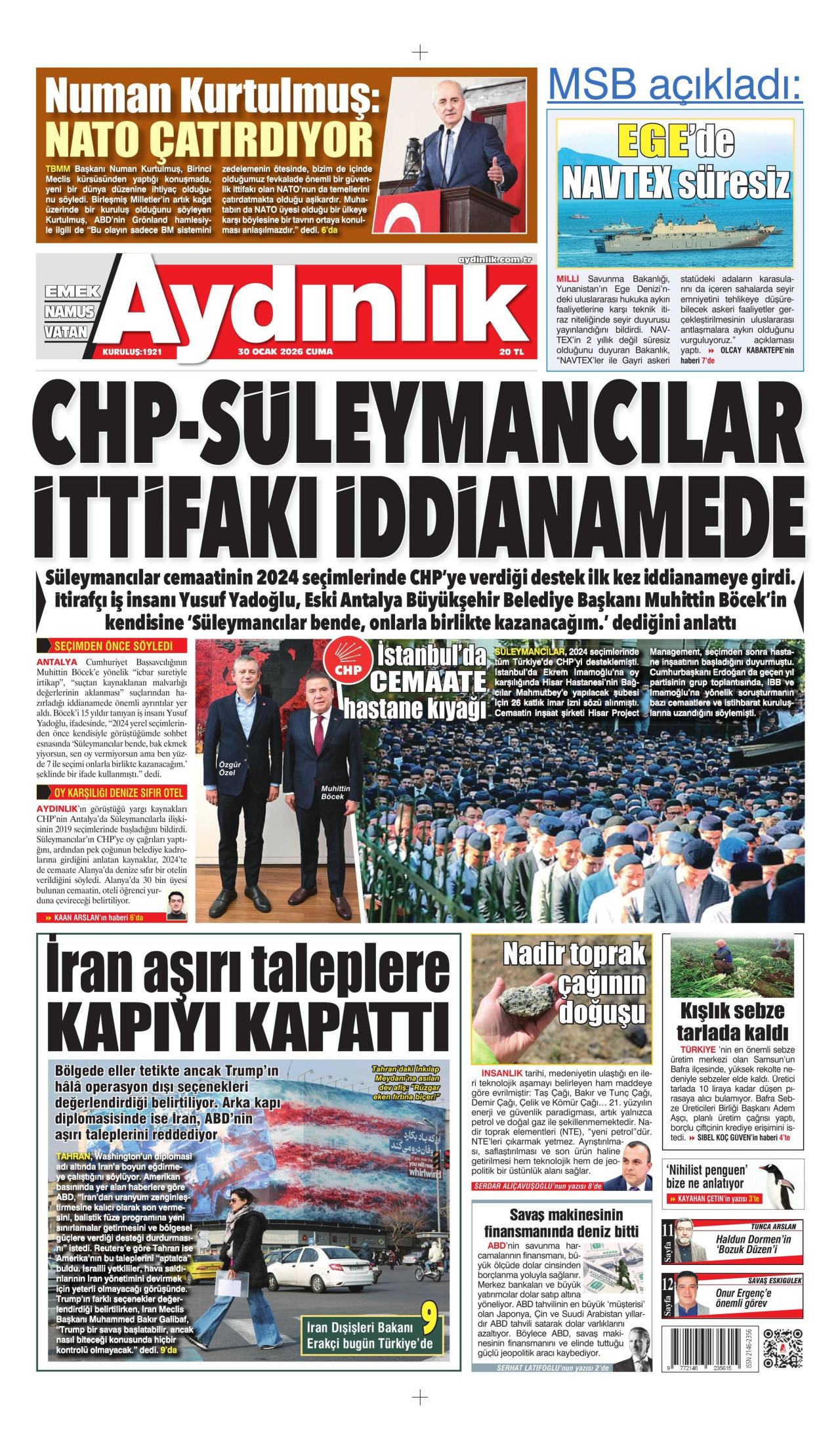 AYDINLIK GAZETESİ gazetesinin 30 Ocak 2026 tarihli birinci sayfası