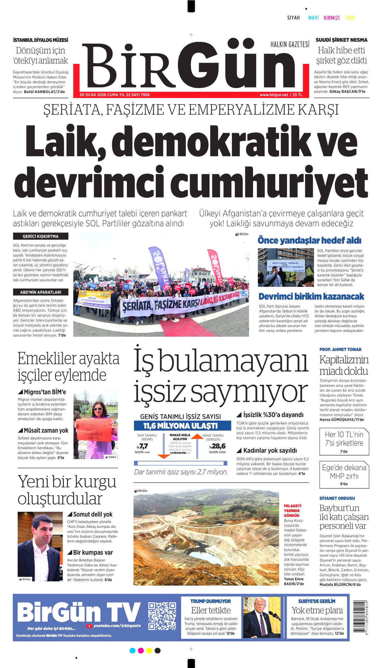 BİRGÜN gazetesinin 30 Ocak 2026 tarihli birinci sayfası