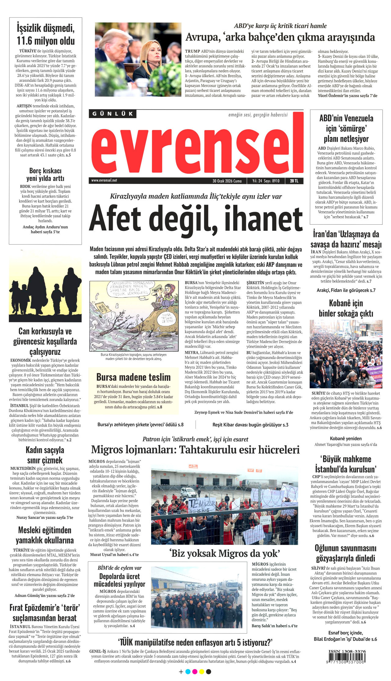 EVRENSEL gazetesinin 30 Ocak 2026 tarihli birinci sayfası