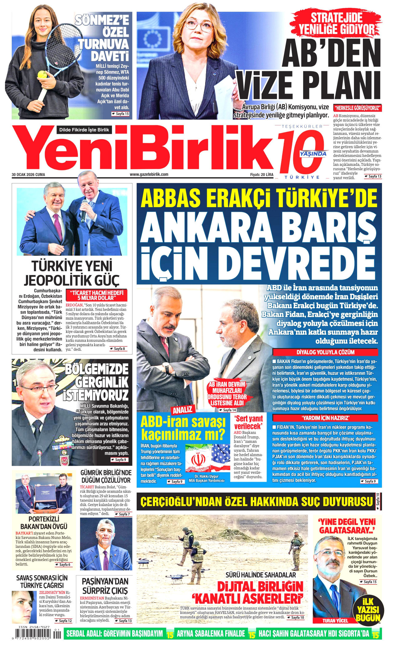 YENİBİRLİK gazetesinin 30 Ocak 2026 tarihli birinci sayfası