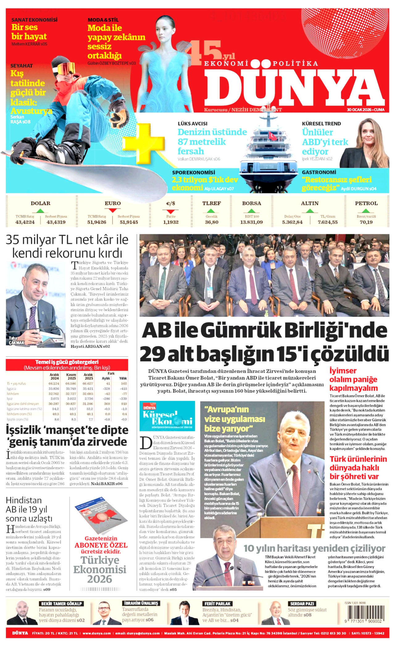 DÜNYA gazetesinin 30 Ocak 2026 tarihli birinci sayfası