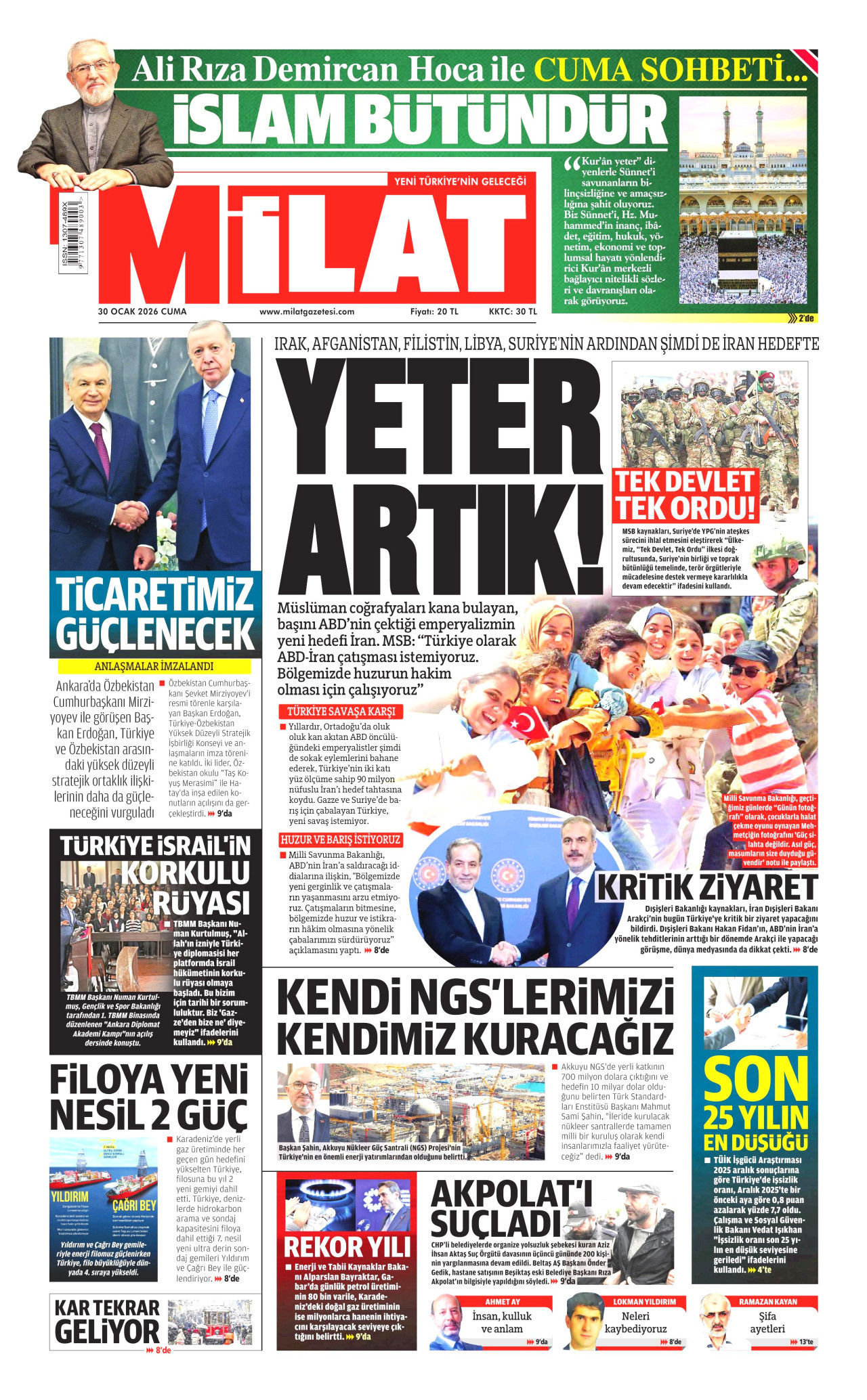 MİLAT gazetesinin 30 Ocak 2026 tarihli birinci sayfası