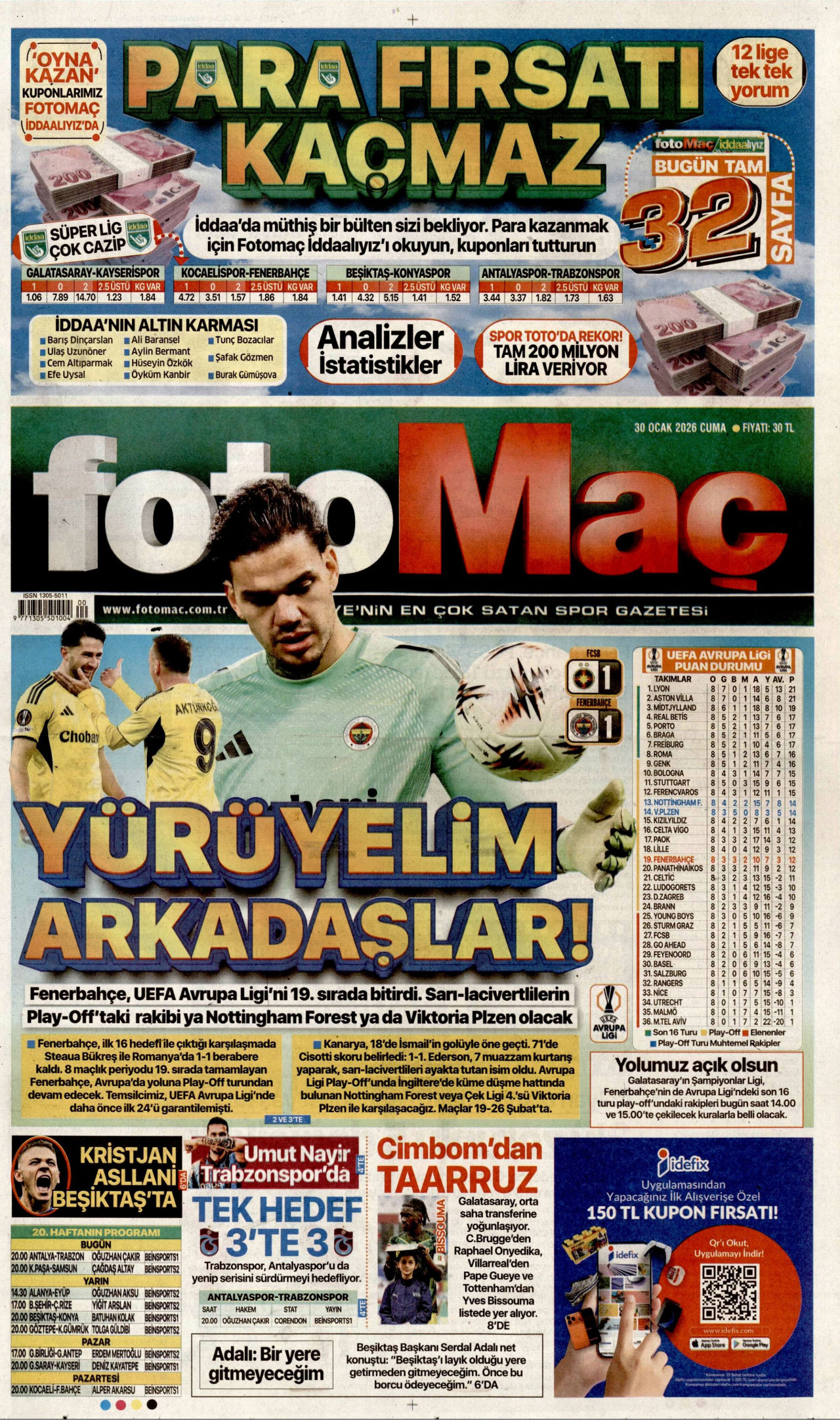 FOTOMAÇ gazetesinin 30 Ocak 2026 tarihli birinci sayfası