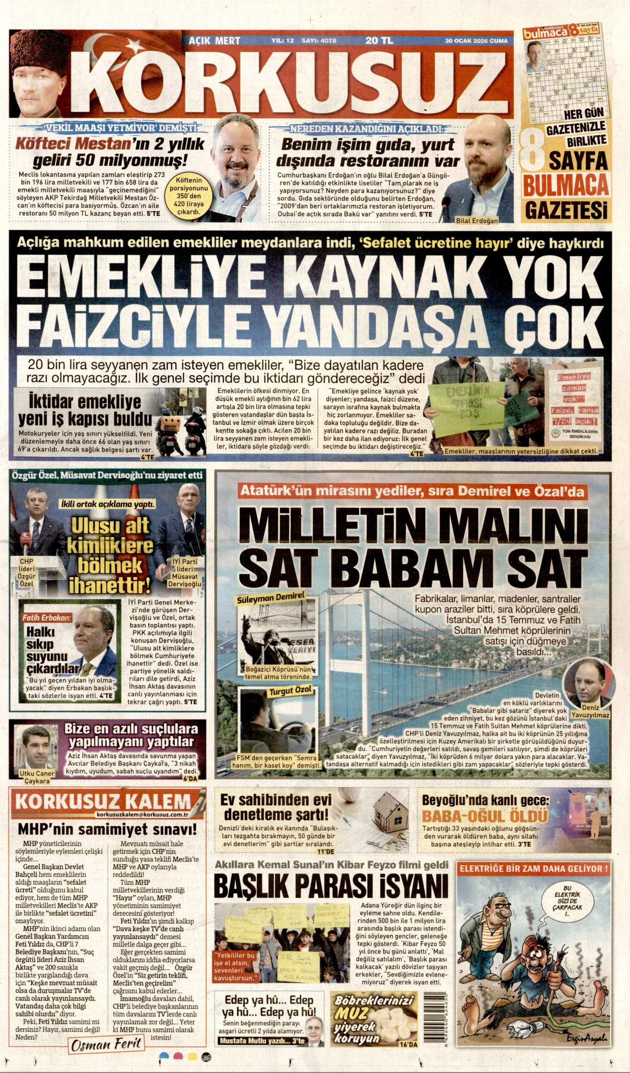 KORKUSUZ gazetesinin 30 Ocak 2026 tarihli birinci sayfası