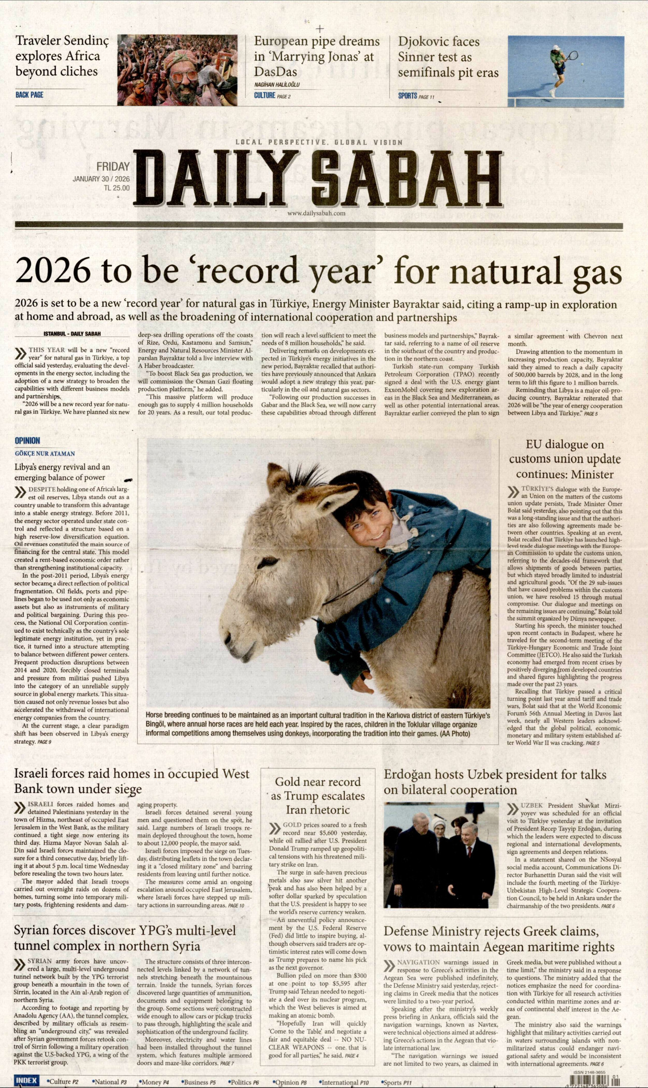 DAİLY SABAH gazetesinin 30 Ocak 2026 tarihli birinci sayfası
