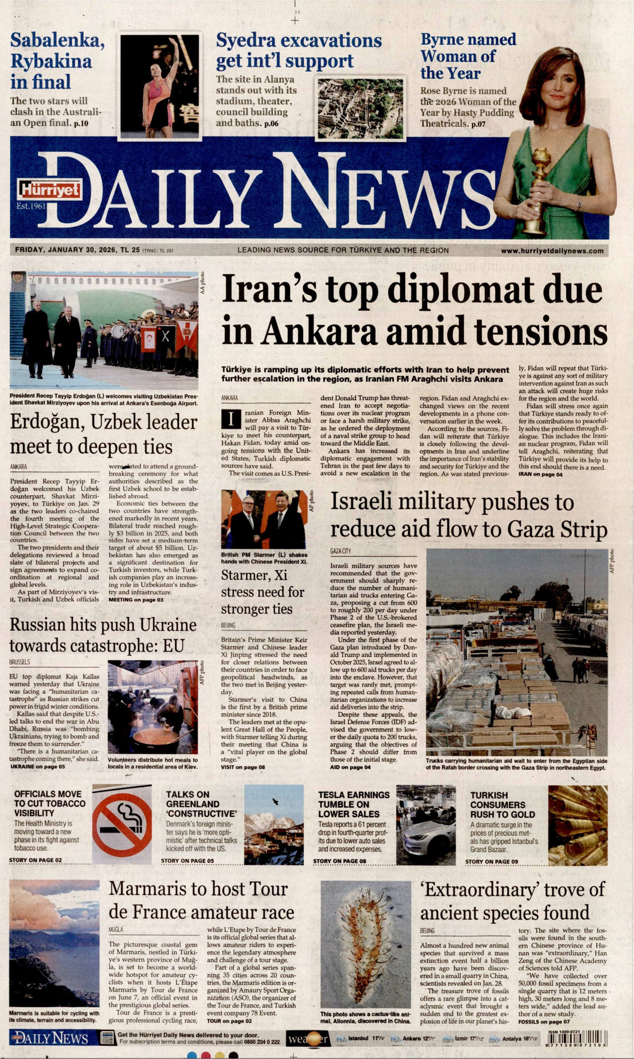 HÜRRİYET DAİLY NEWS gazetesinin 30 Ocak 2026 tarihli birinci sayfası
