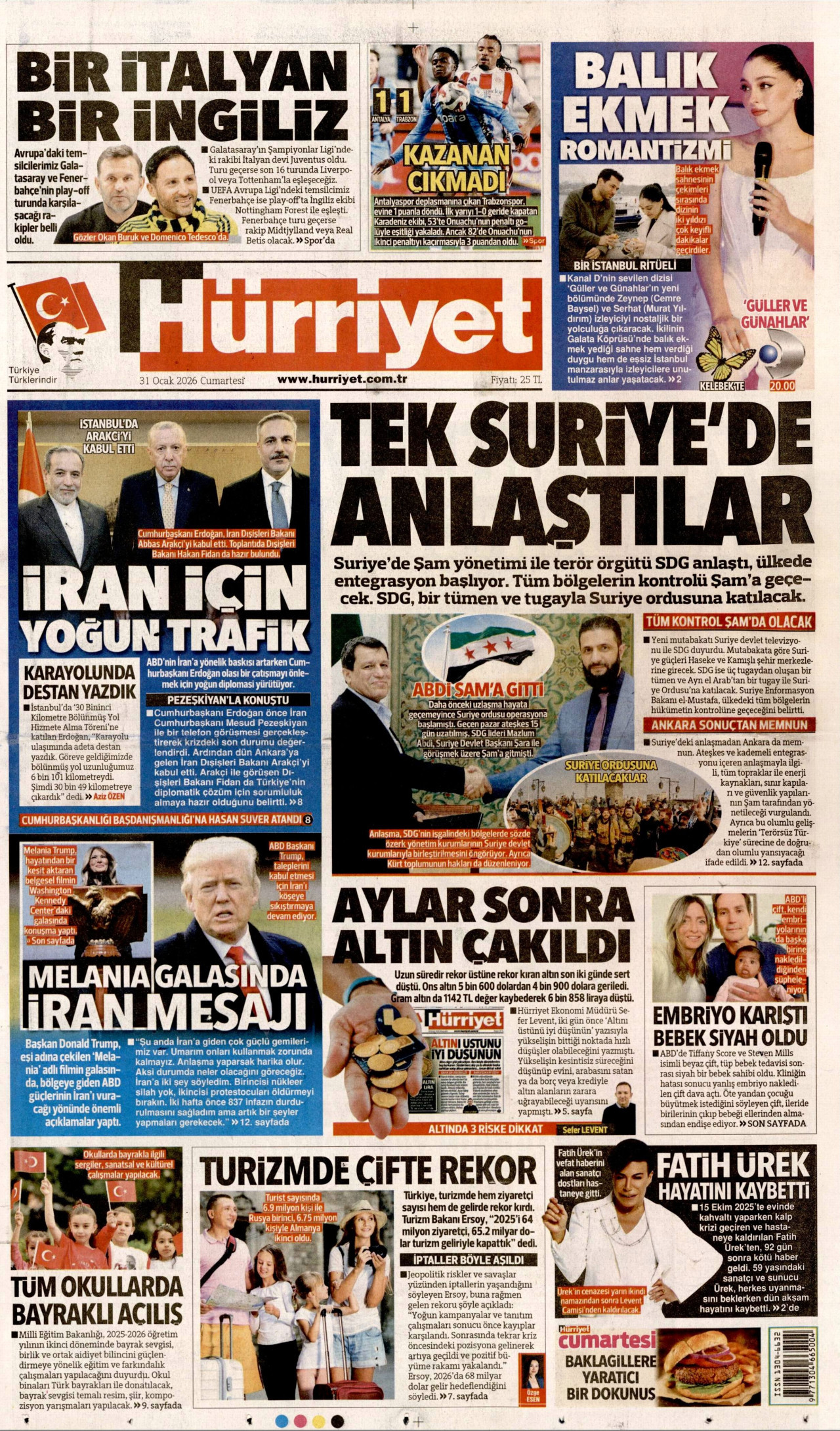 HÜRRİYET gazetesinin 31 Ocak 2026 tarihli birinci sayfası