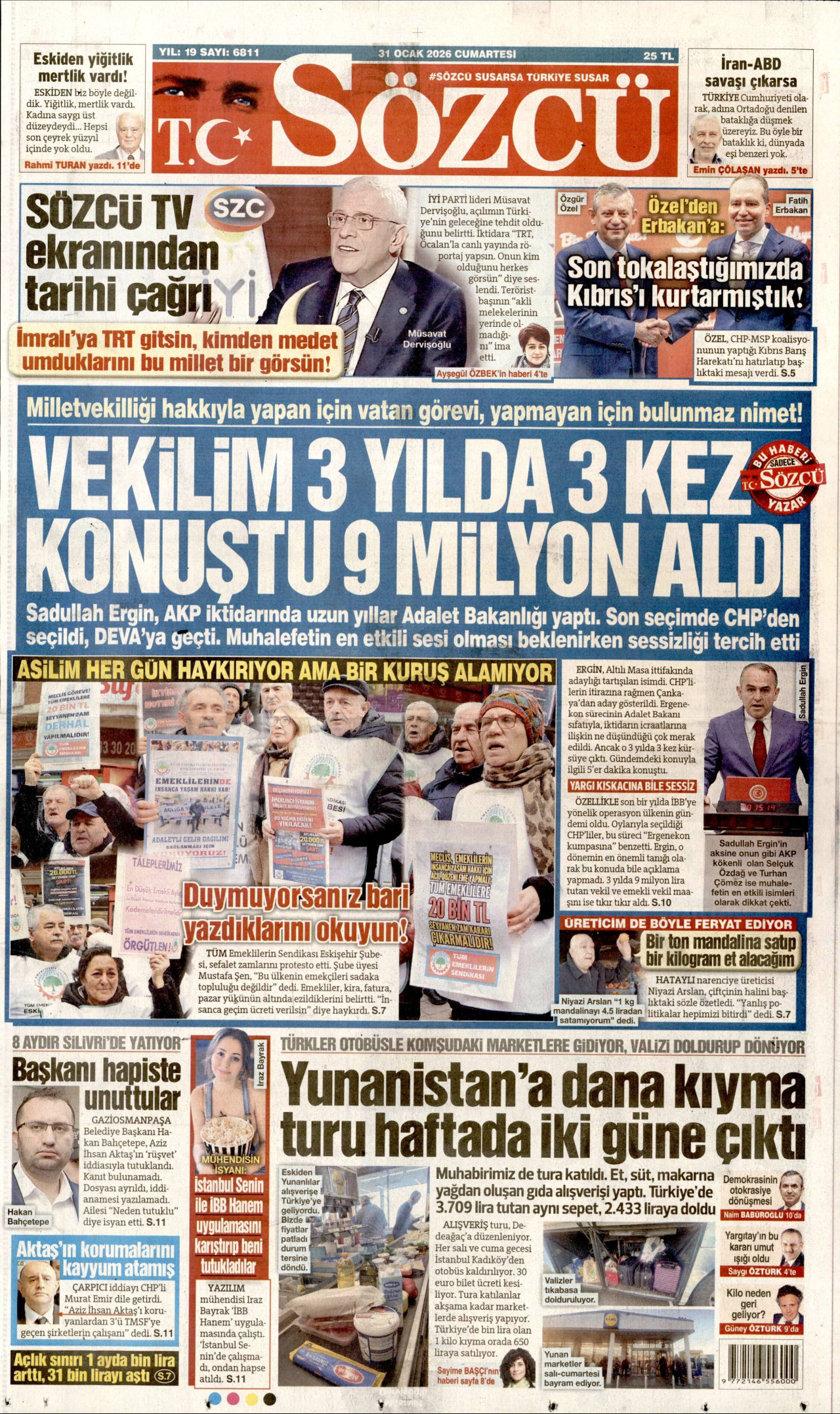 SÖZCÜ gazetesinin 31 Ocak 2026 tarihli birinci sayfası