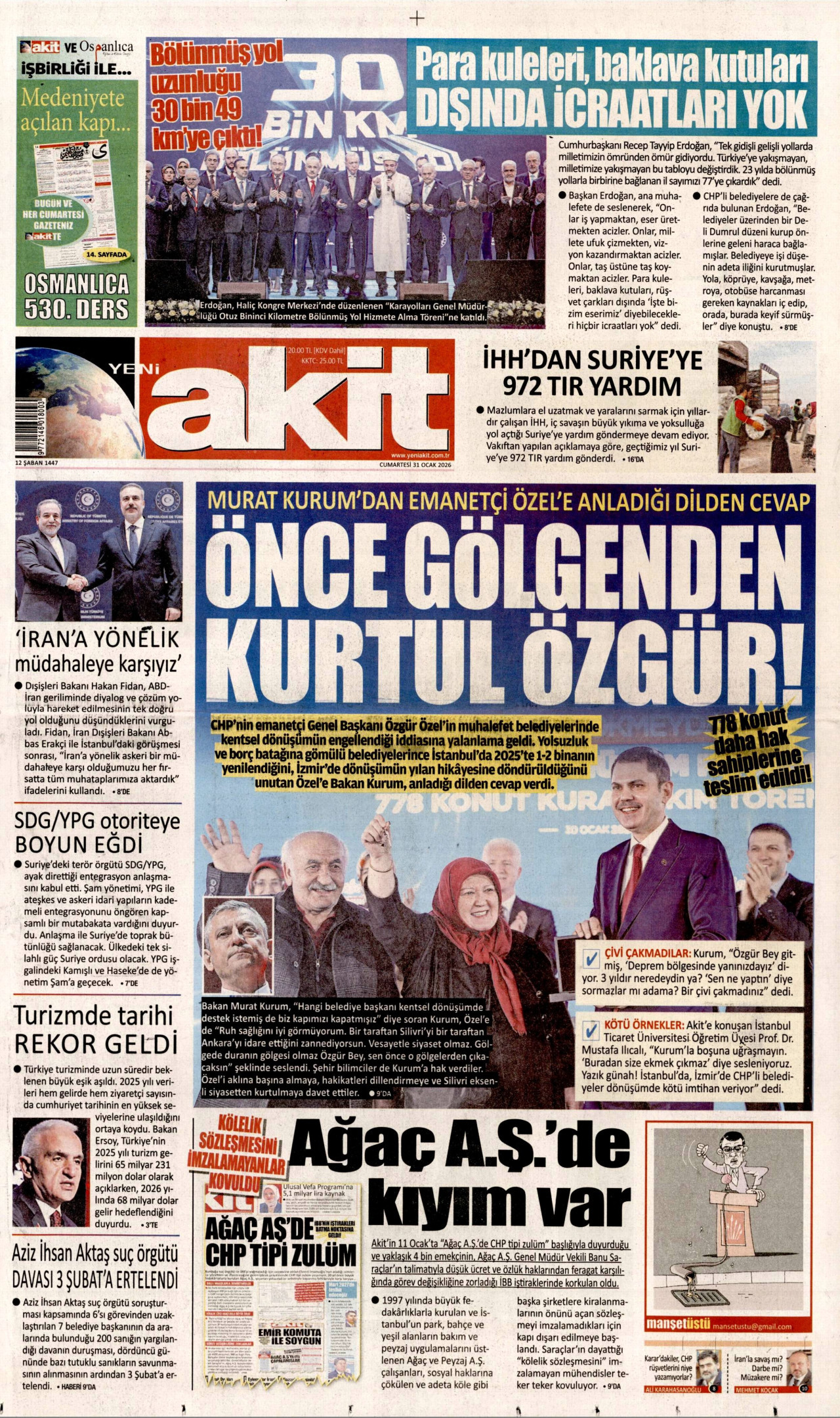 YENİ AKİT gazetesinin 31 Ocak 2026 tarihli birinci sayfası