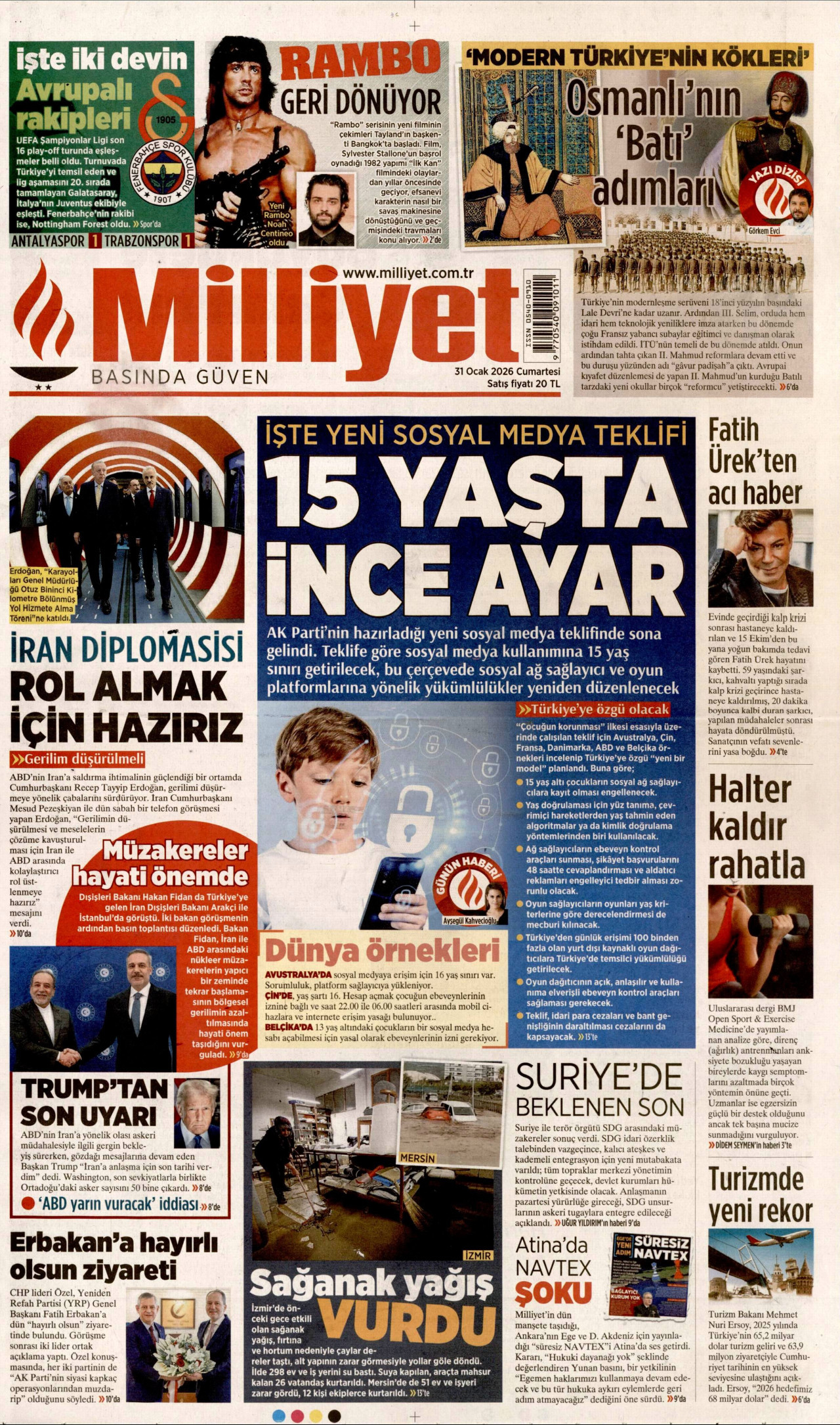 MİLLİYET gazetesinin 31 Ocak 2026 tarihli birinci sayfası