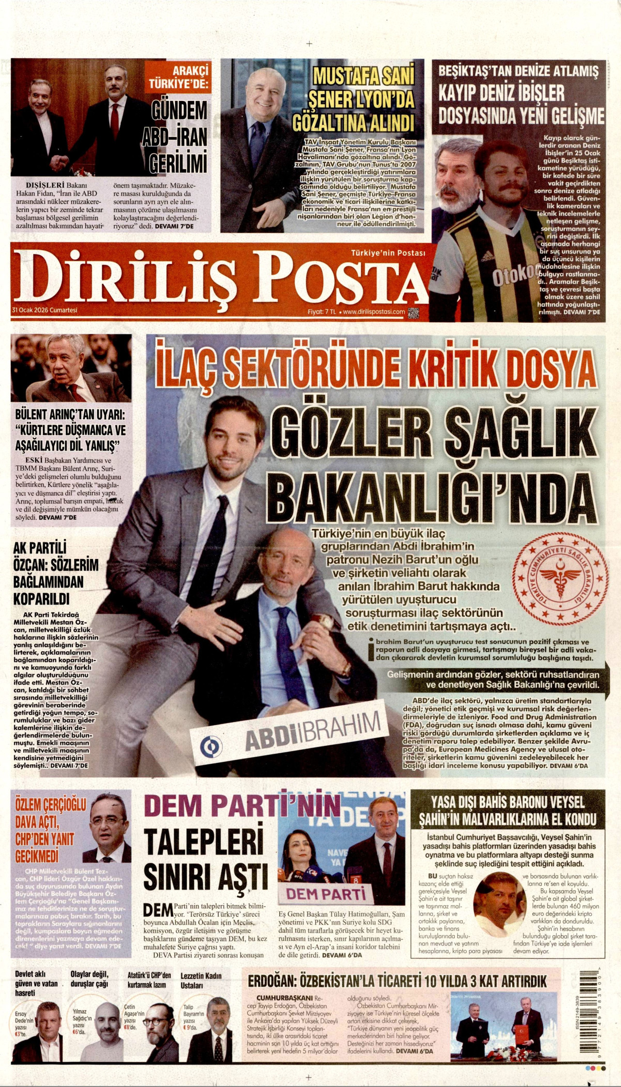 DİRİLİŞ POSTASI gazetesinin 31 Ocak 2026 tarihli birinci sayfası