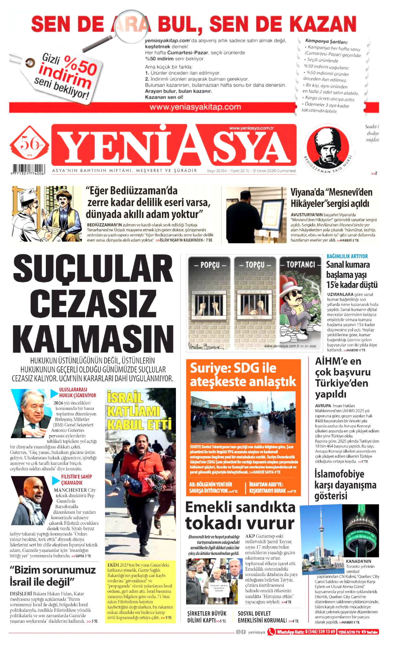 YENİ ASYA gazetesinin 31 Ocak 2026 tarihli birinci sayfası