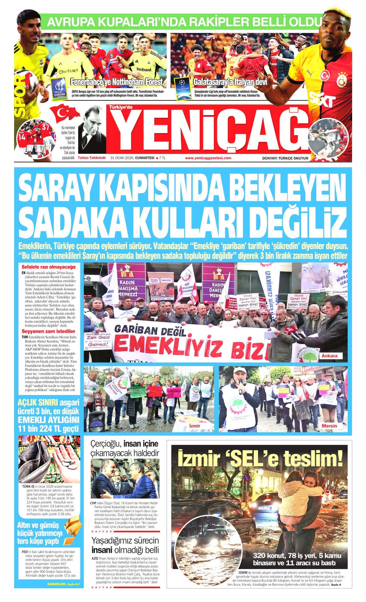 YENİÇAĞ gazetesinin 31 Ocak 2026 tarihli birinci sayfası