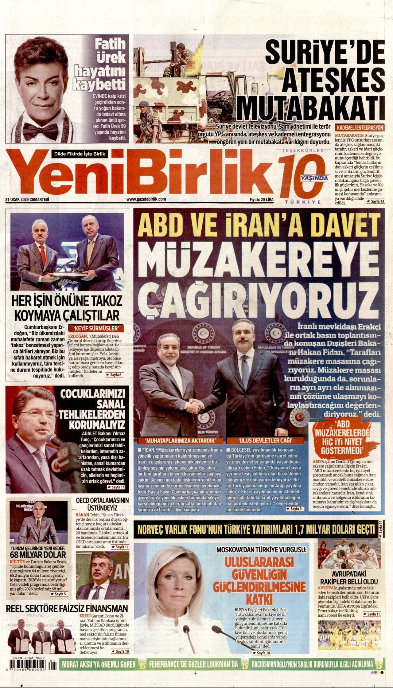 YENİBİRLİK gazetesinin 31 Ocak 2026 tarihli birinci sayfası