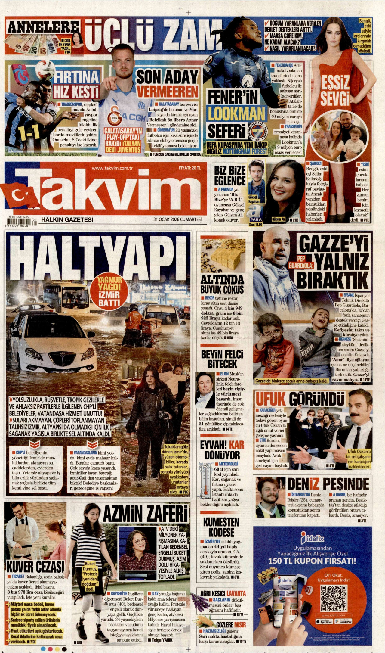 TAKVİM gazetesinin 31 Ocak 2026 tarihli birinci sayfası