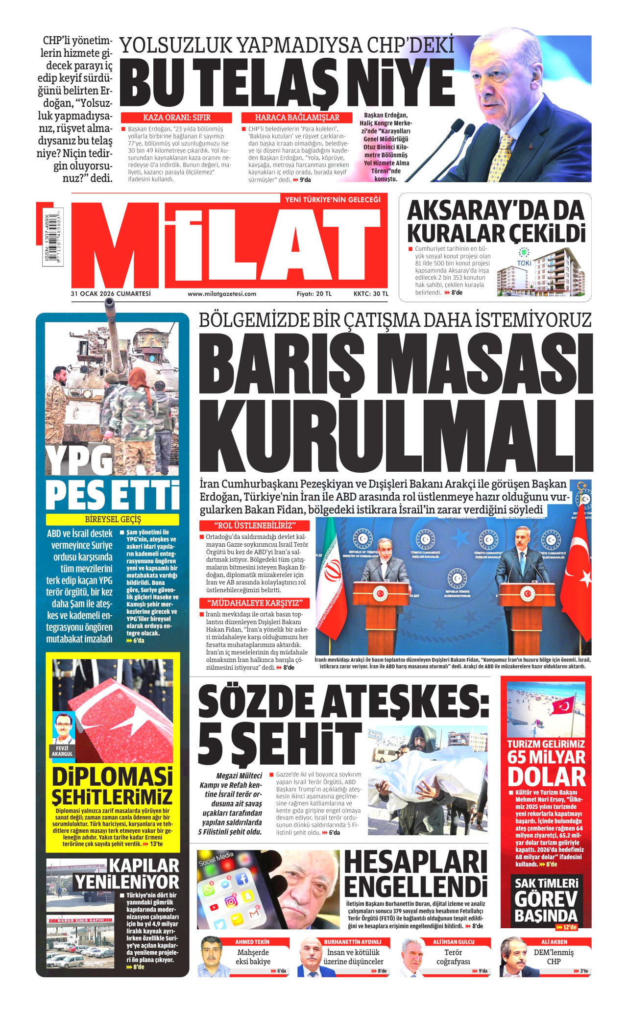 MİLAT gazetesinin 31 Ocak 2026 tarihli birinci sayfası