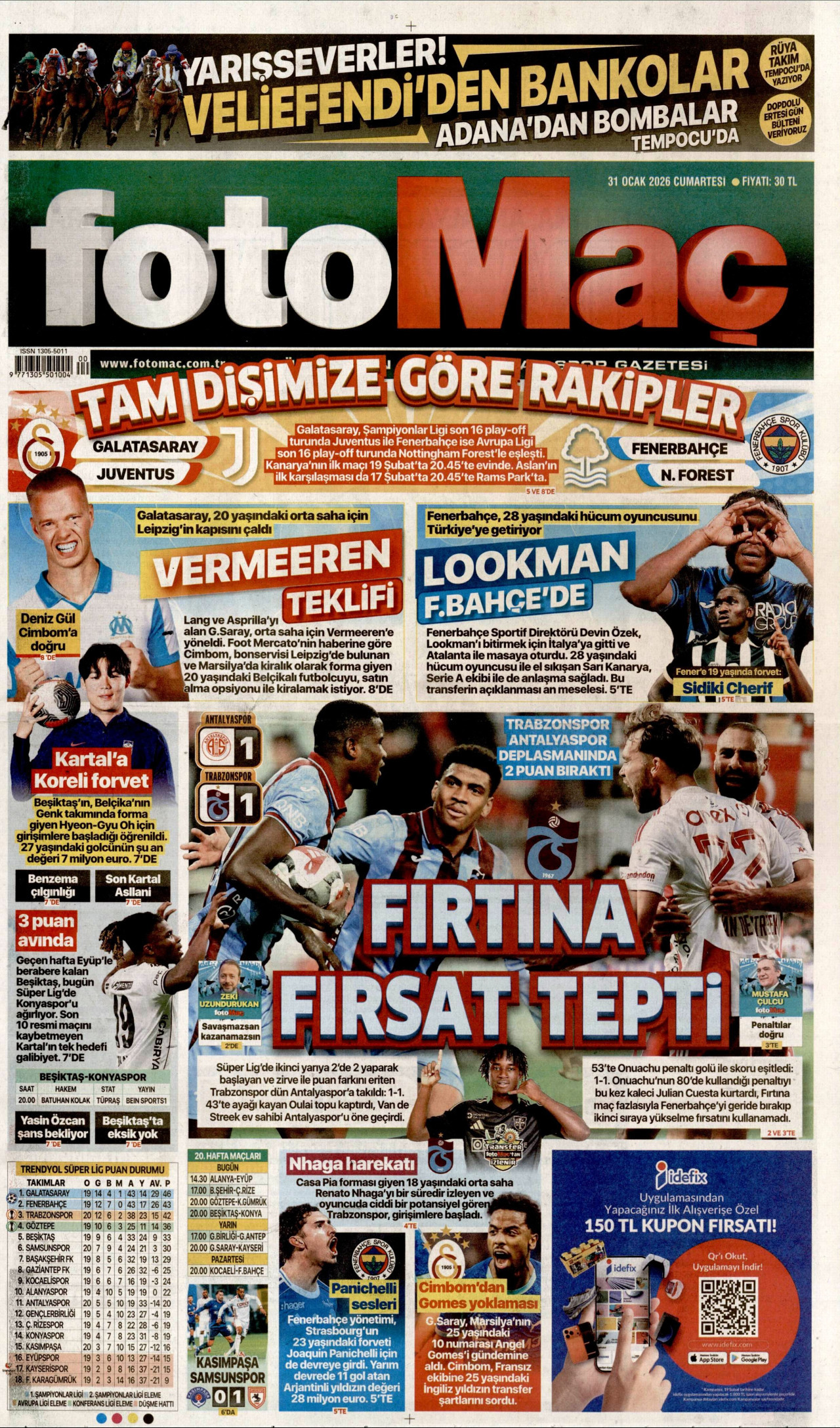 FOTOMAÇ gazetesinin 31 Ocak 2026 tarihli birinci sayfası