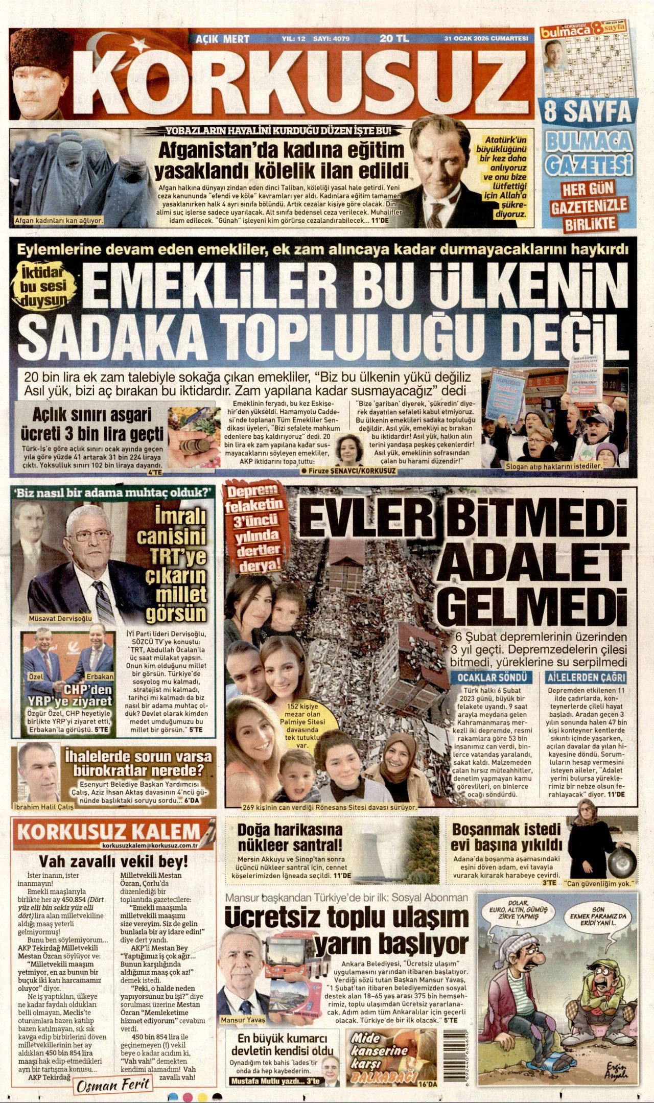 KORKUSUZ gazetesinin 31 Ocak 2026 tarihli birinci sayfası